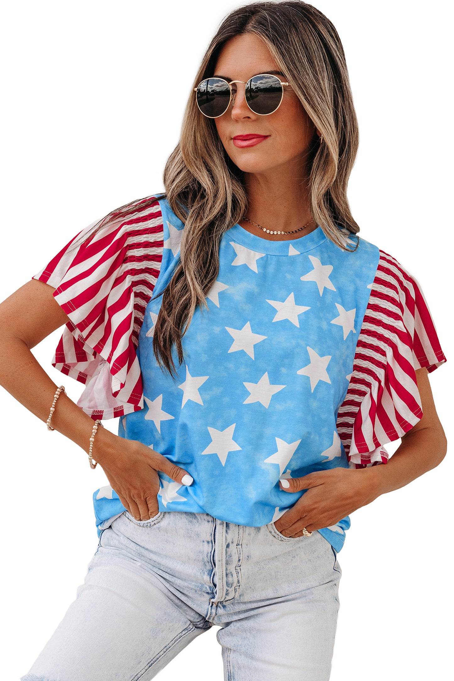Sky Blue Vintage Star Print Striped Ruffle Sleeve Independence Day Top-Tops/Tops & Tees-[Adult]-[Female]-2022 Online Blue Zone Planet