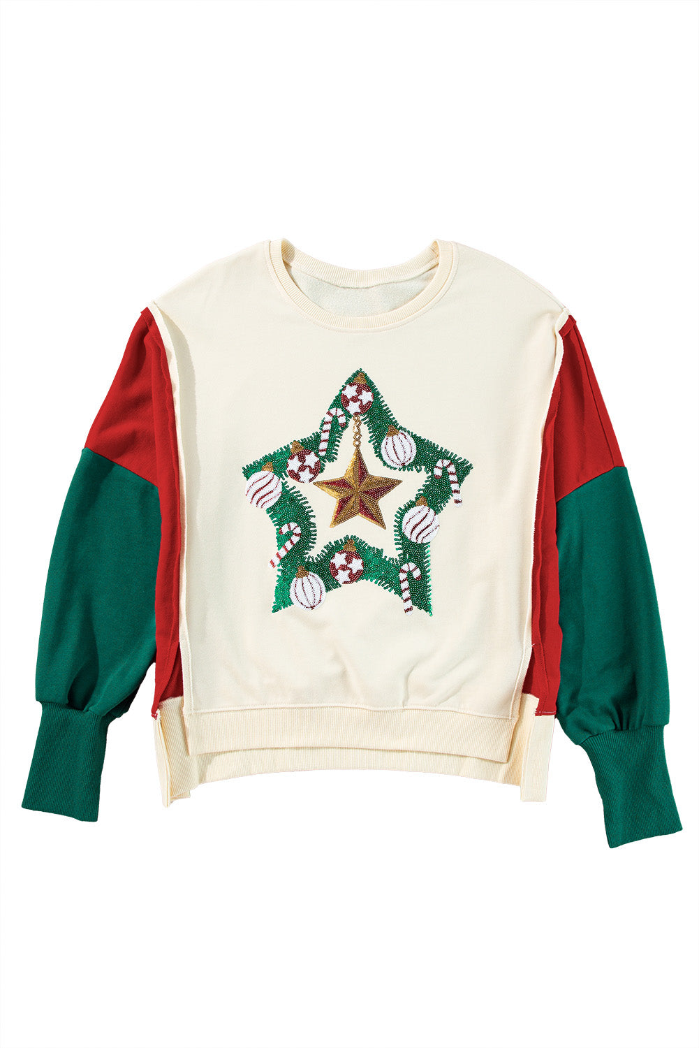 Blue Zone Planet | Apricot Sequin Christmas Star Color Block Sleeve Side Slits Sweatshirt-Sweatshirts & Hoodies-[Adult]-[Female]-2022 Online Blue Zone Planet