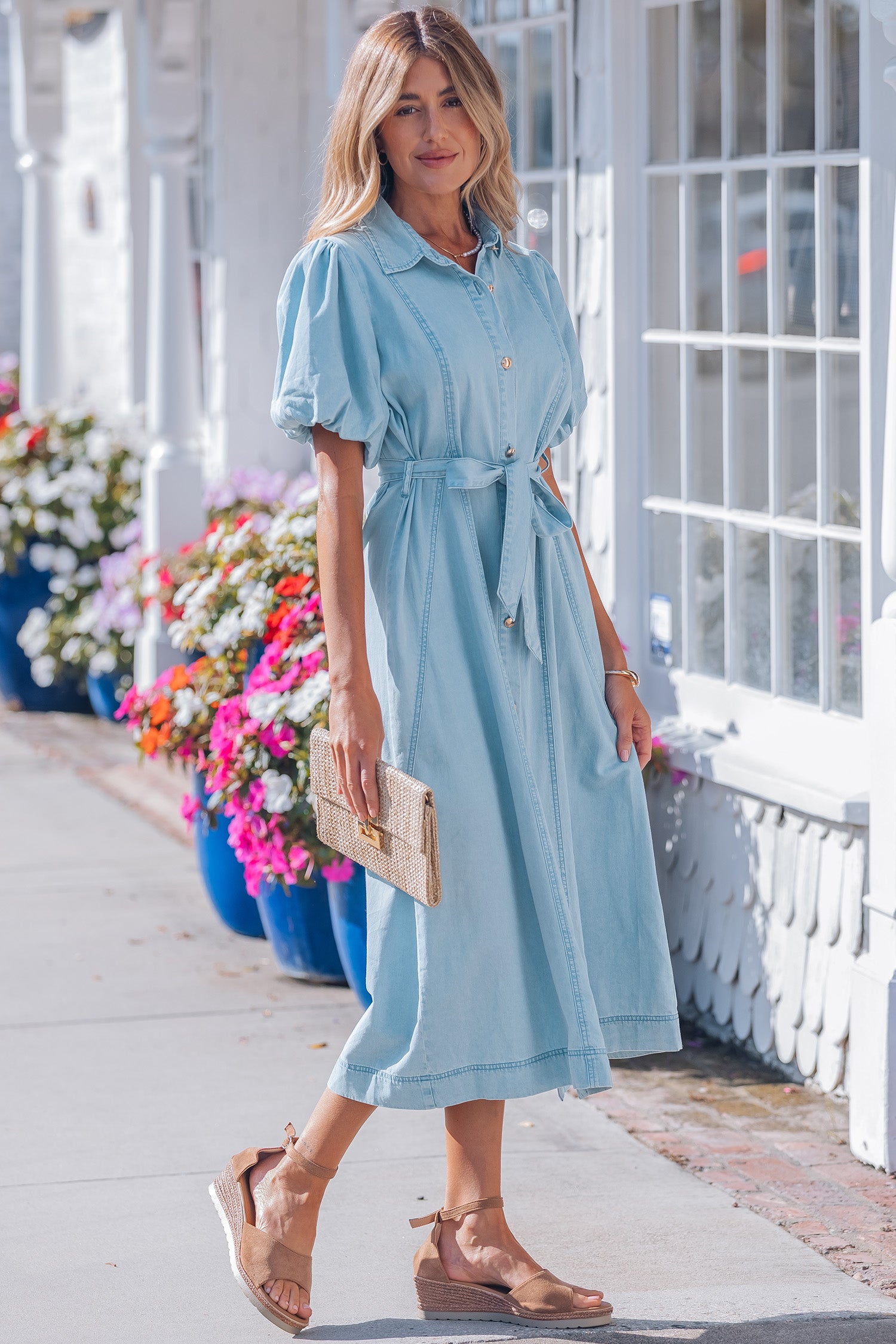 Beau Blue Full Buttons Collared Short Bubble Sleeve Long Denim Dress-Dresses/Midi Dresses-[Adult]-[Female]-2022 Online Blue Zone Planet