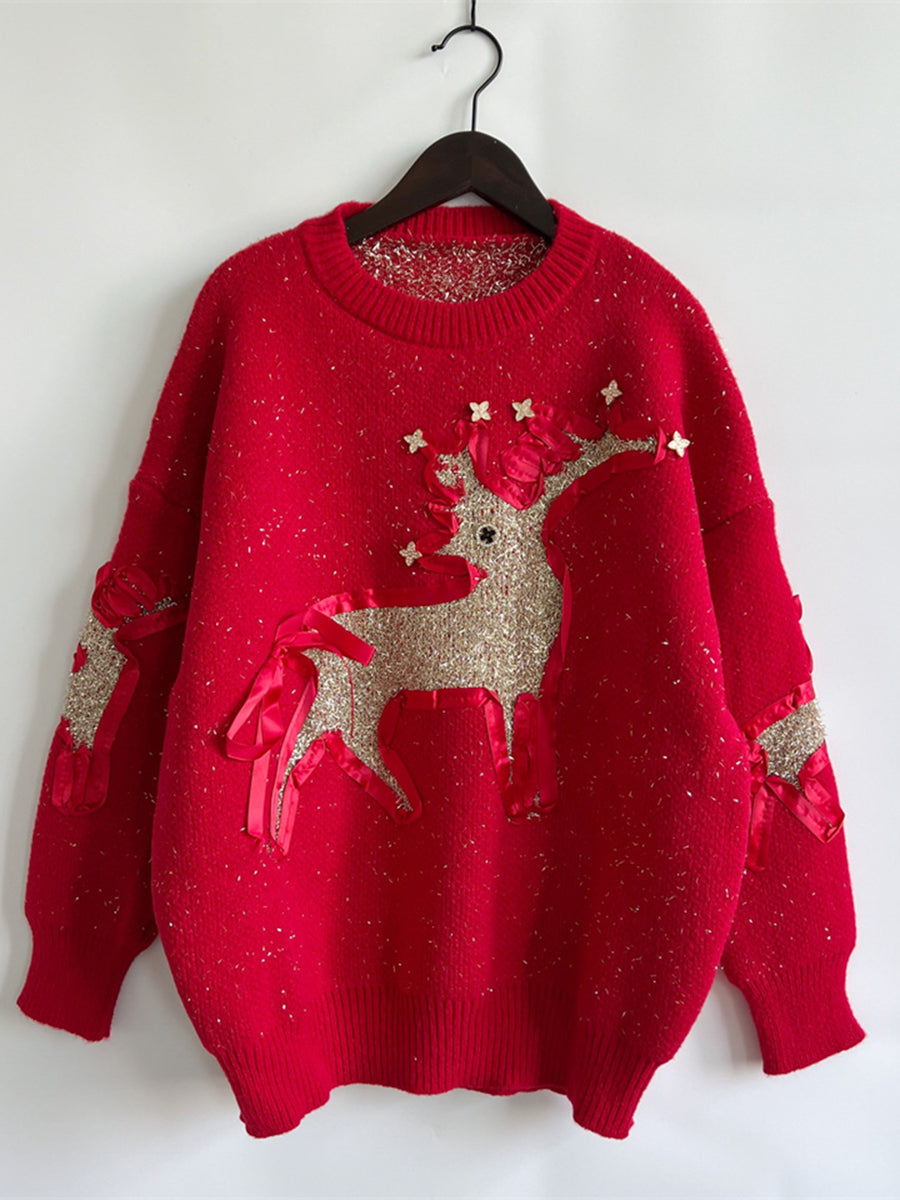 Reindeer Round Neck Long Sleeve Sweater-TOPS / DRESSES-[Adult]-[Female]-2022 Online Blue Zone Planet