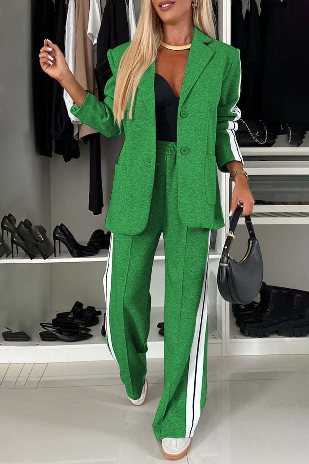 Full Size Contrast Lapel Collar Top and Pants Set-TOPS / DRESSES-[Adult]-[Female]-Green-S-2022 Online Blue Zone Planet