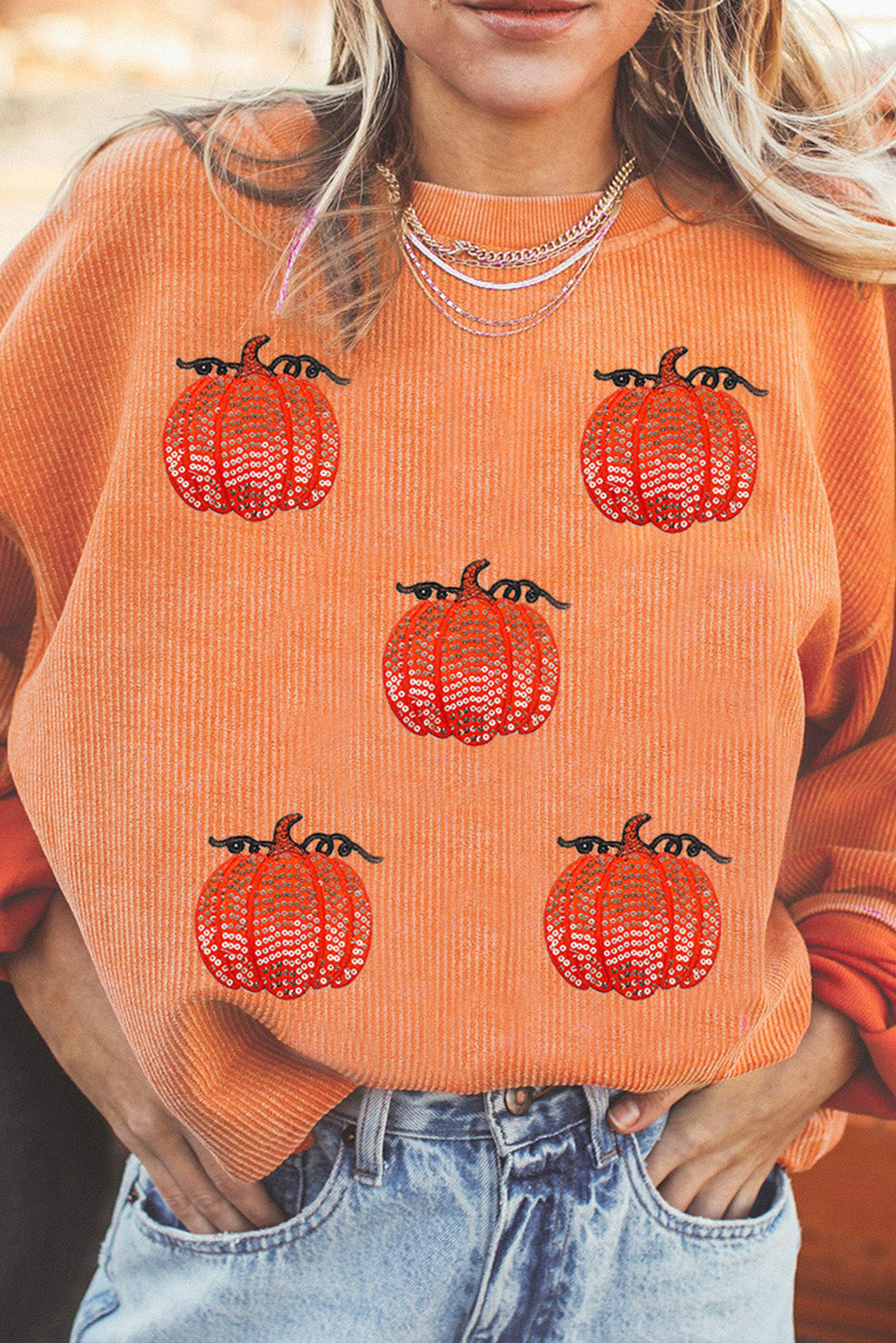 Orange Sequin Pumpkin Patched Twisted Rib Baggy Sweatshirt-Graphic/Graphic Sweatshirts-[Adult]-[Female]-Orange-3-S-2022 Online Blue Zone Planet