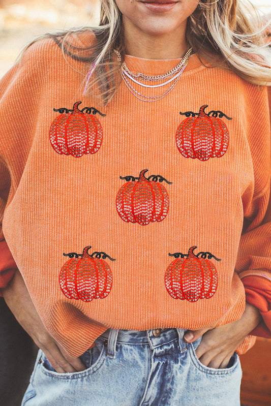 Orange Sequin Pumpkin Patched Twisted Rib Baggy Sweatshirt-Graphic/Graphic Sweatshirts-[Adult]-[Female]-Orange-3-S-2022 Online Blue Zone Planet