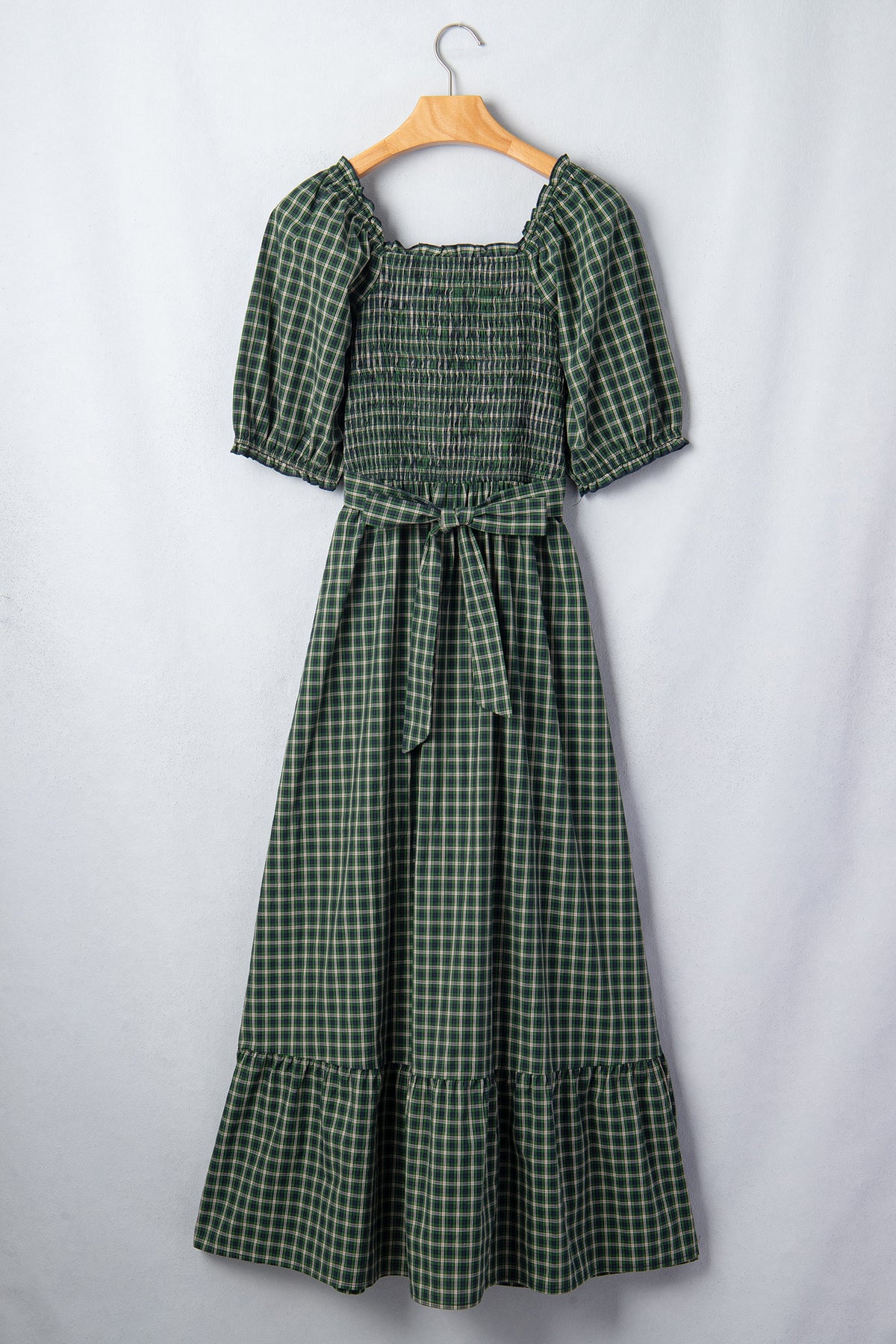 Green Plaid Square Neck Shirred High Waist Ruffle Hem Dress-TOPS / DRESSES-[Adult]-[Female]-2022 Online Blue Zone Planet