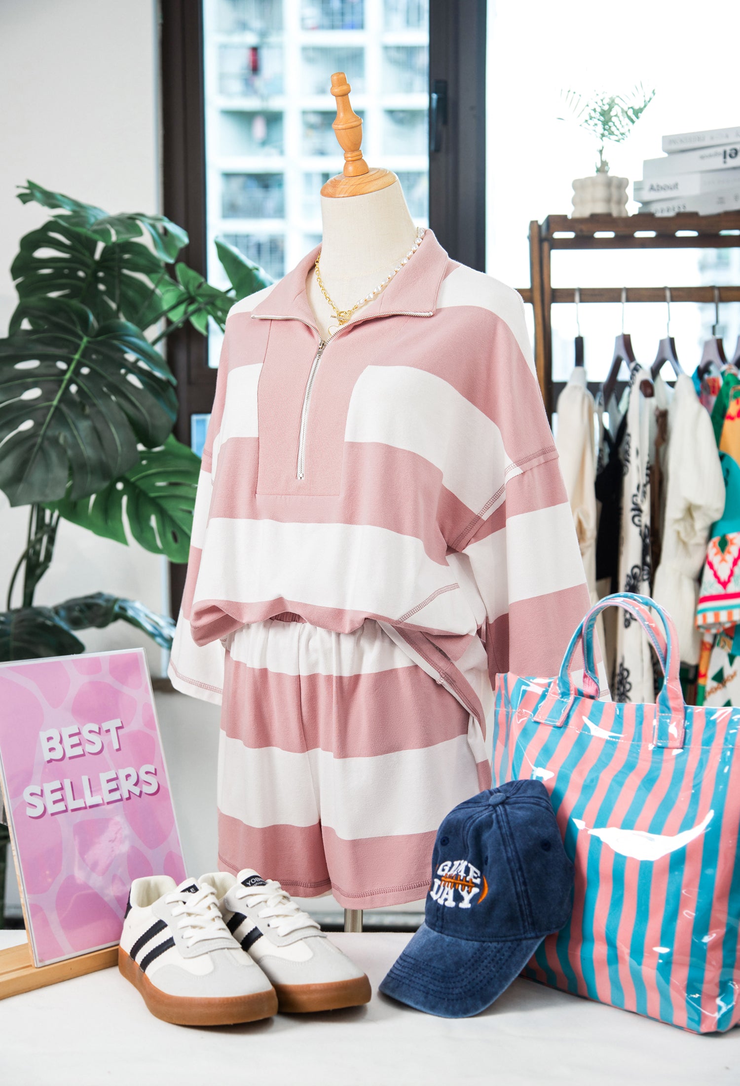 Pink Stripe Half Zip Bracelet Sleeve Top Casual Short Set-Two Piece Sets/Short Sets-[Adult]-[Female]-2022 Online Blue Zone Planet