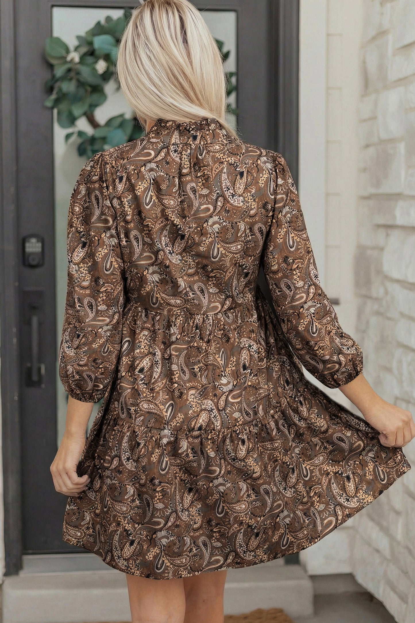 Brown Paisley Print Half Buttons Puff Sleeve Flowy Short Dress-TOPS / DRESSES-[Adult]-[Female]-2022 Online Blue Zone Planet