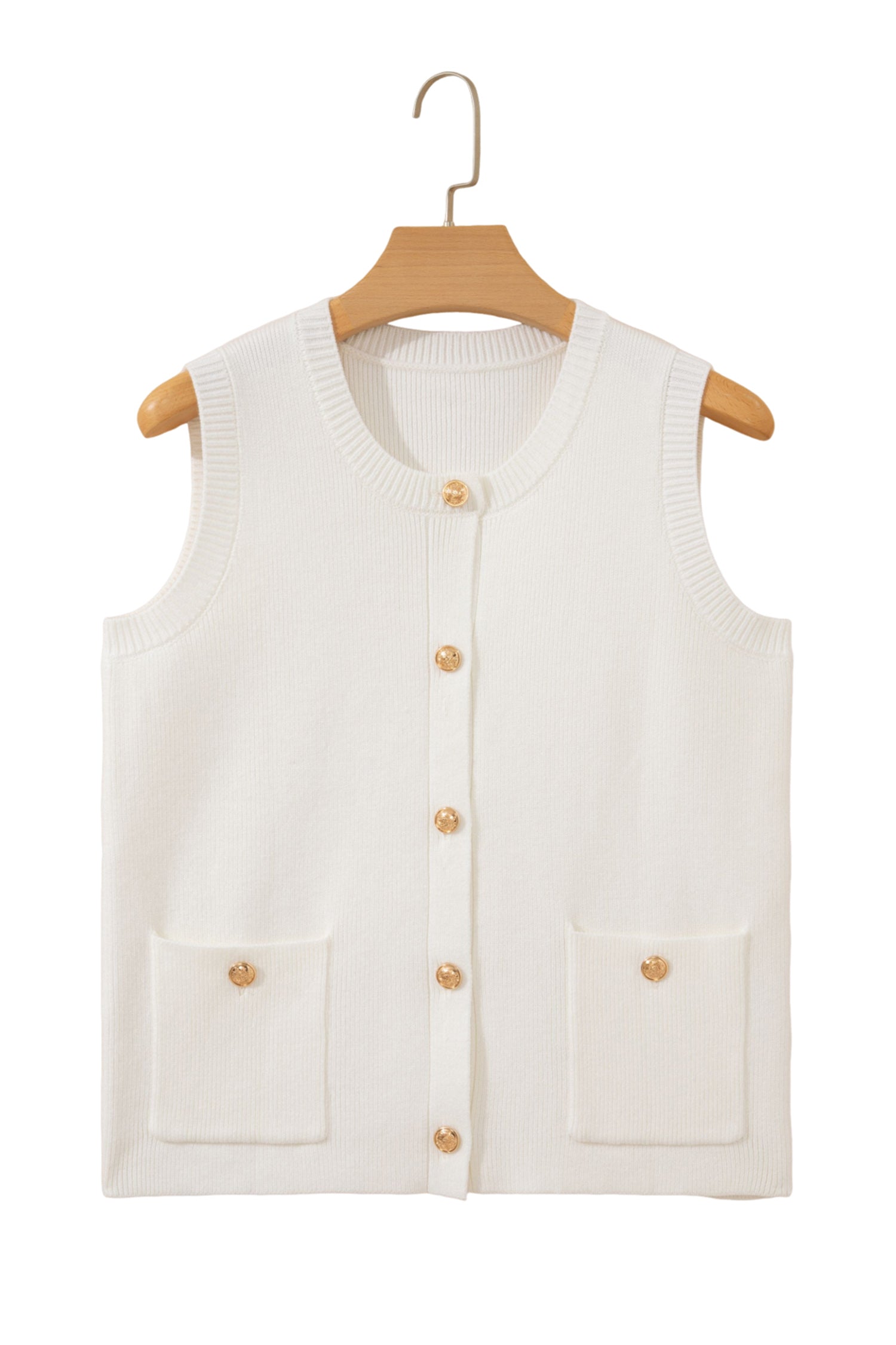 Yellow Cream Solid Color Sleeveless Knit Button Pocketed Sweater-Sweaters & Cardigans/Sweater Vests-[Adult]-[Female]-2022 Online Blue Zone Planet