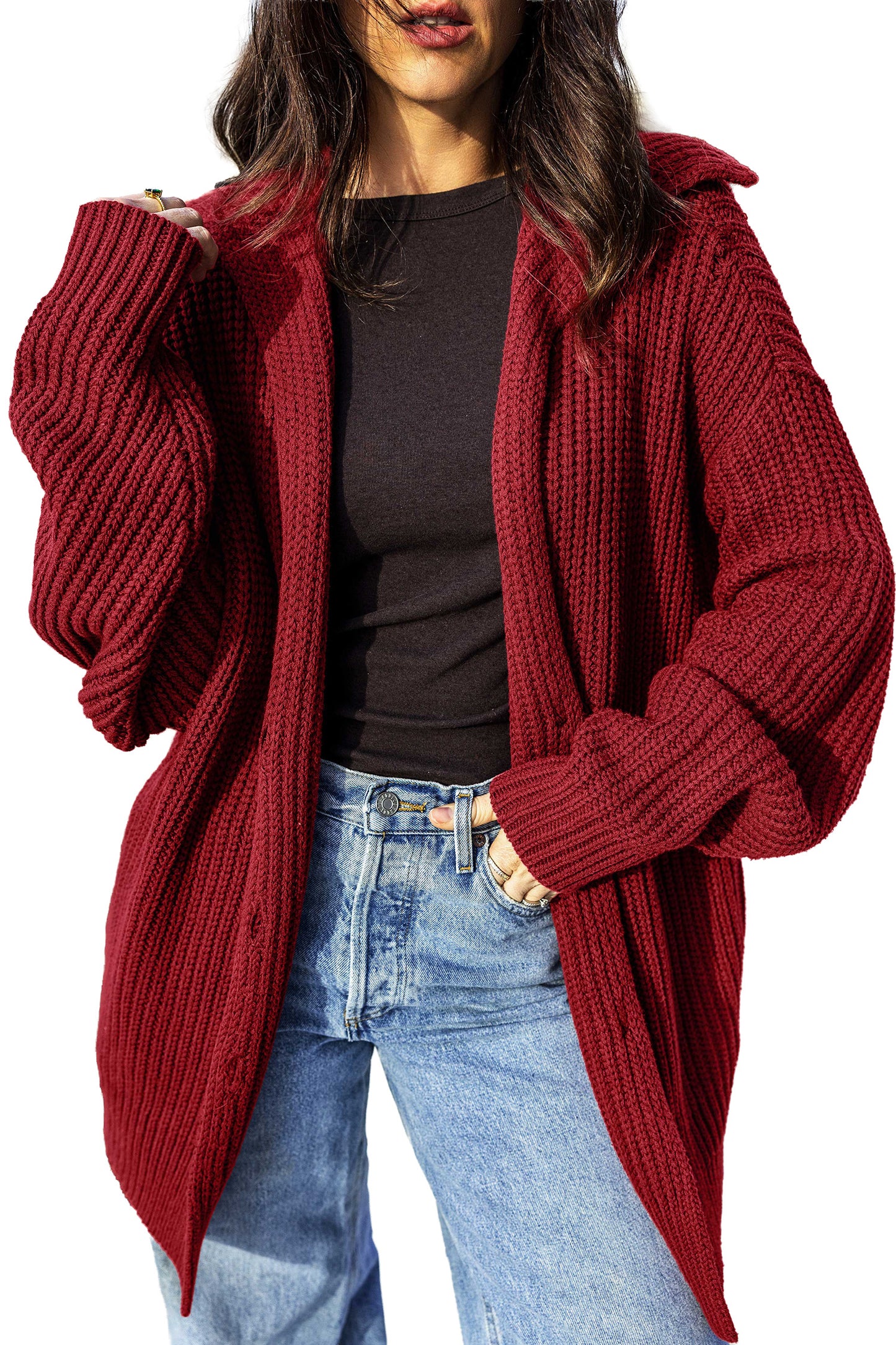 Red Dahlia Solid Color Knit Oversized Button Front Sweater Cardigan-Sweaters & Cardigans/Cardigans-[Adult]-[Female]-2022 Online Blue Zone Planet