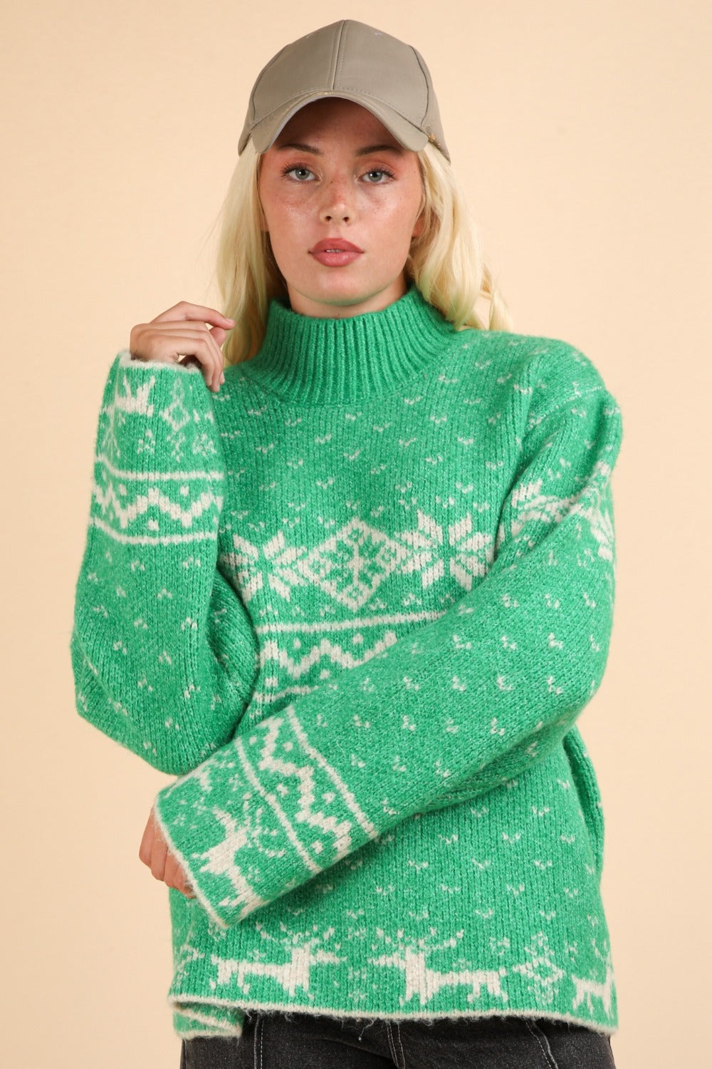 Blue Zone Planet | VERY J Christmas Element Mock Neck Long Sleeve Sweater-TOPS / DRESSES-[Adult]-[Female]-2022 Online Blue Zone Planet