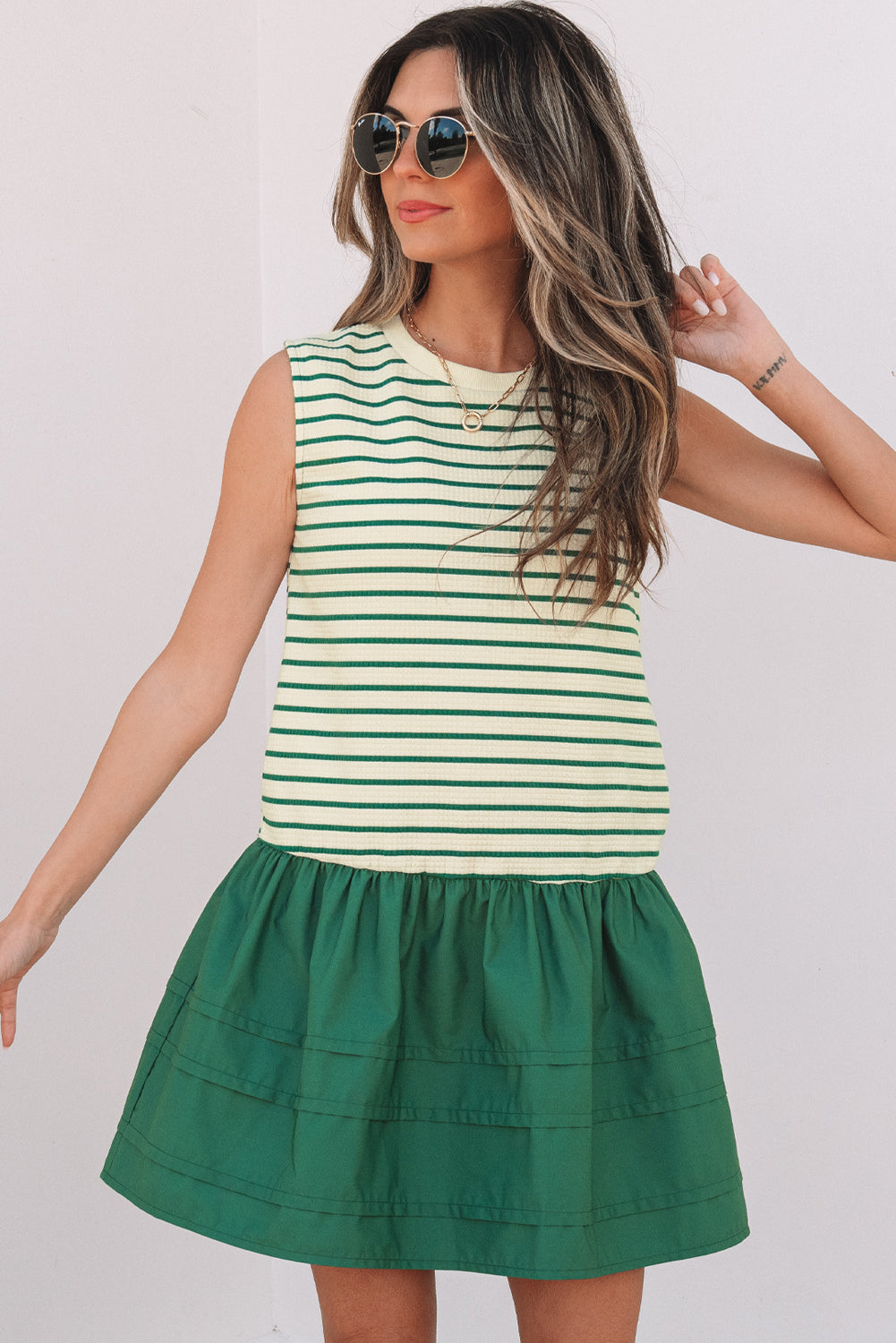 Green Stripe Woven Ruffled Sleeveless Mini Dress-Dresses/Mini Dresses-[Adult]-[Female]-2022 Online Blue Zone Planet