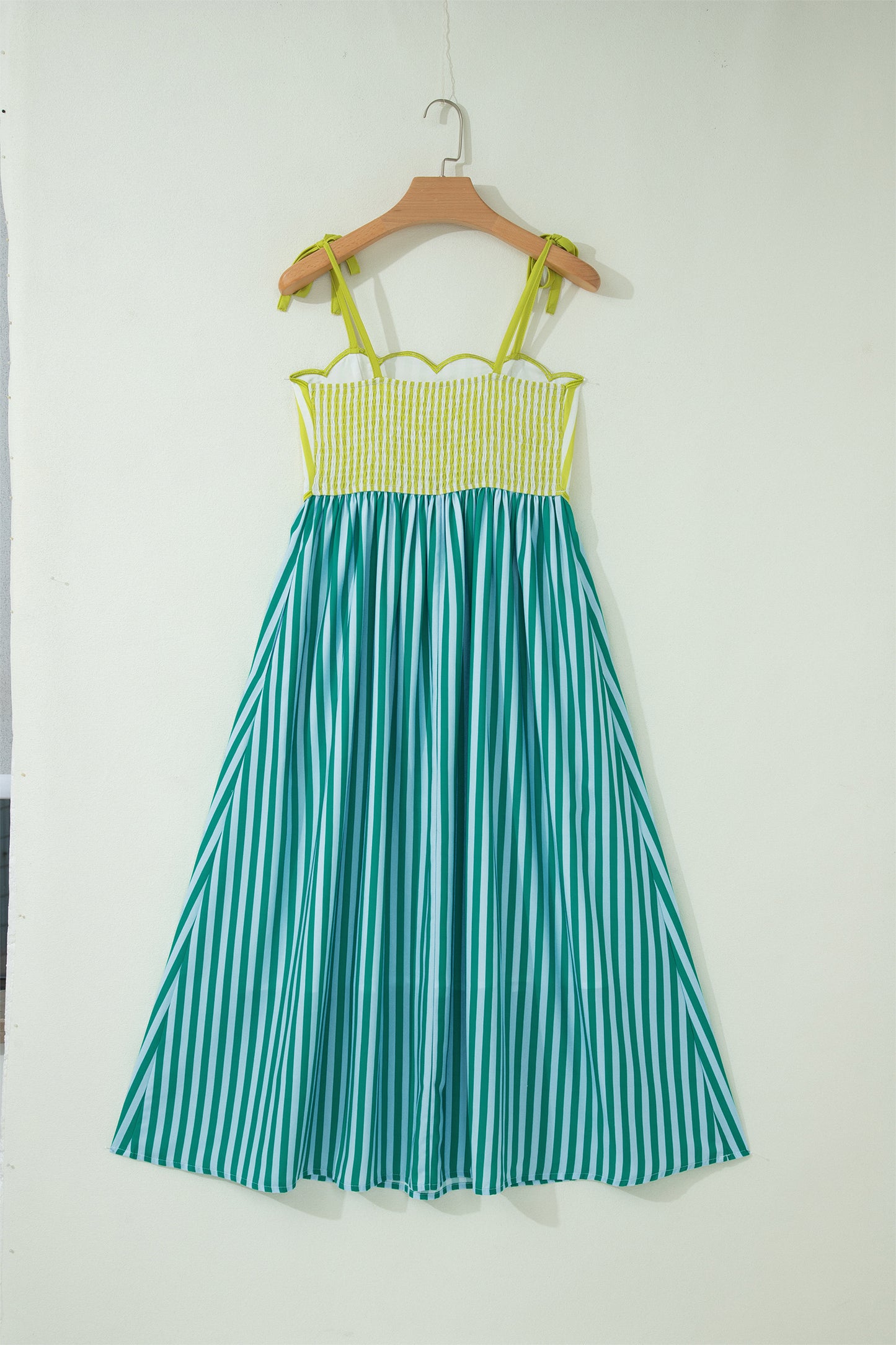 Green Stripe Scalloped Contrast Patchwork Knot Strap Midi Dress-TOPS / DRESSES-[Adult]-[Female]-2022 Online Blue Zone Planet
