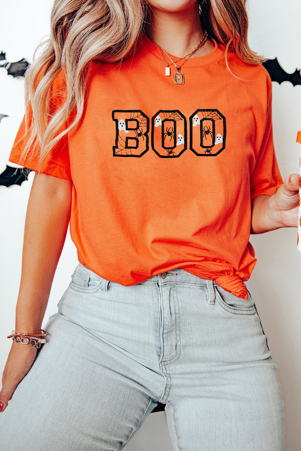 Orange BOO Halloween Ghost Spider Embroidered Graphic Tee-Graphic/Graphic Tees-[Adult]-[Female]-2022 Online Blue Zone Planet