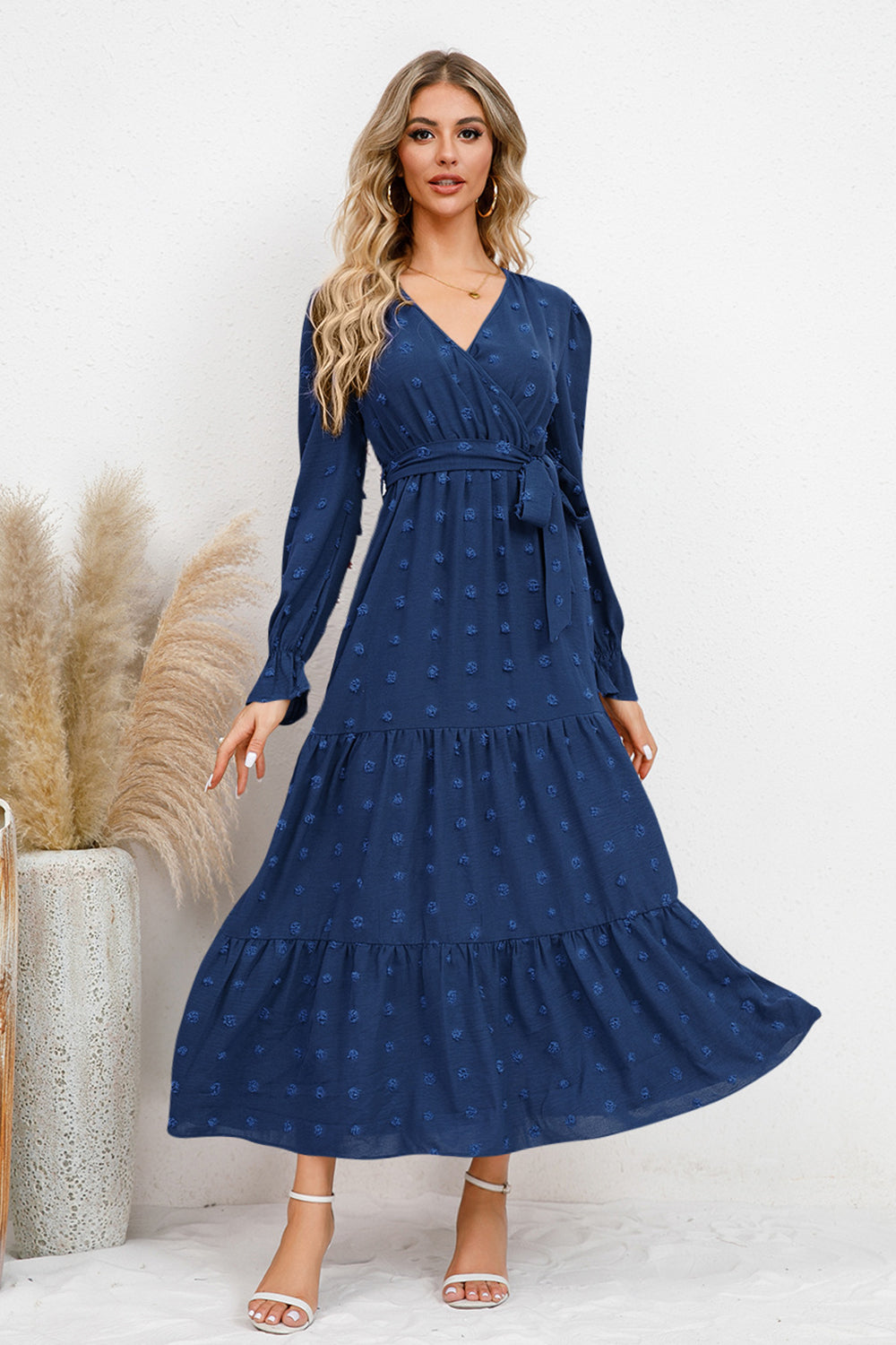 Swiss Dot Tied Surplice Flounce Sleeve Dress-TOPS / DRESSES-[Adult]-[Female]-2022 Online Blue Zone Planet