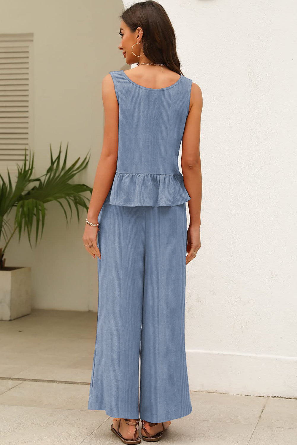 Beau Blue Solid Color Ribbed Ruffle Tank Top And Pants Set-Two Piece Sets/Pant Sets-[Adult]-[Female]-2022 Online Blue Zone Planet