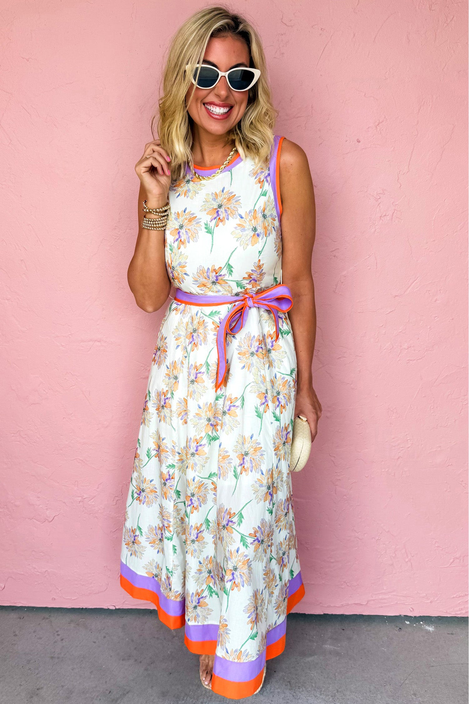 White Floral Print Color Block Trim Belted Sleeveless Maxi Dress-Dresses/Floral Dresses-[Adult]-[Female]-2022 Online Blue Zone Planet
