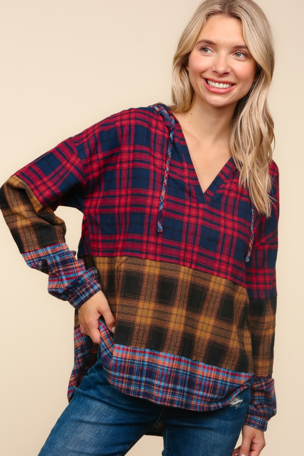 Blue Zone Planet | Haptics Plaid Edge Cut Detail Hooded Top-TOPS / DRESSES-[Adult]-[Female]-2022 Online Blue Zone Planet