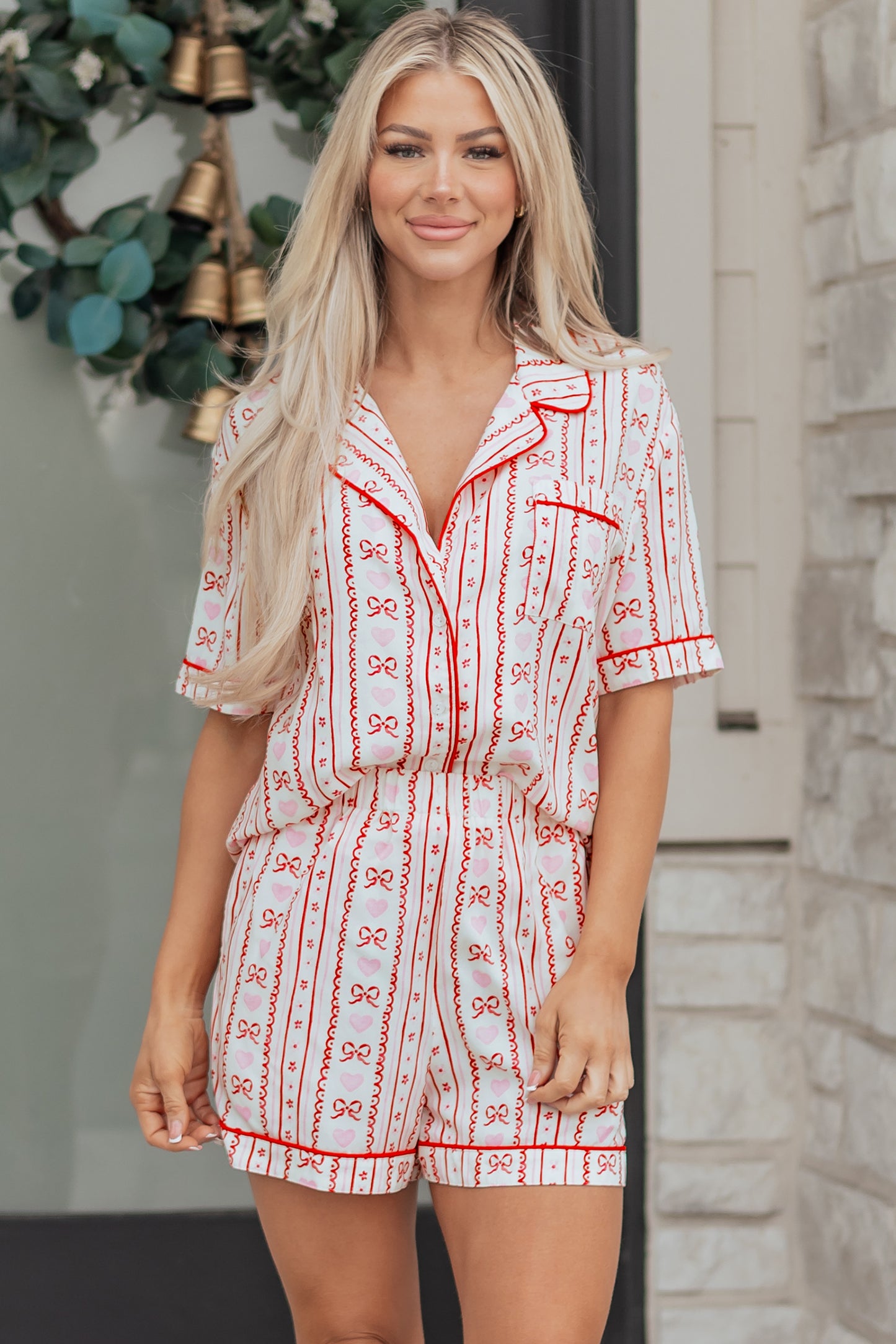 Red Cute Bow Heart Print Ribbon Decor Short 2pcs Pajama Set-Loungewear & Sleepwear/Sleepwear-[Adult]-[Female]-2022 Online Blue Zone Planet