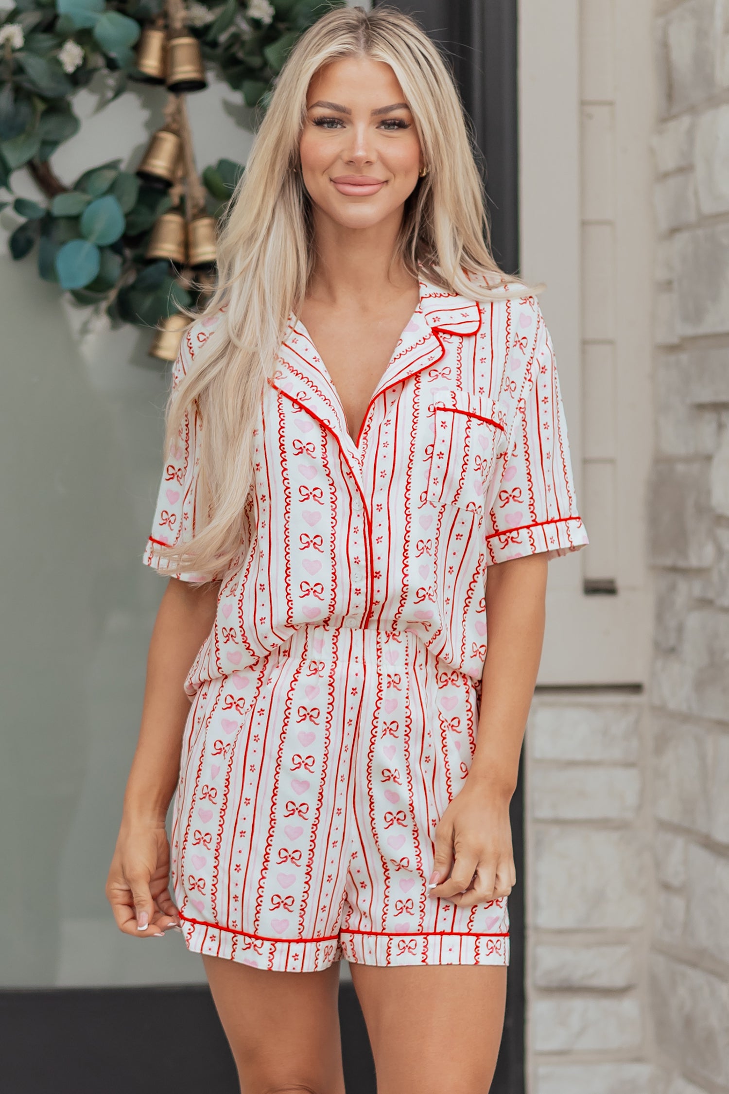 Red Cute Bow Heart Print Ribbon Decor Short 2pcs Pajama Set-Loungewear & Sleepwear/Sleepwear-[Adult]-[Female]-2022 Online Blue Zone Planet