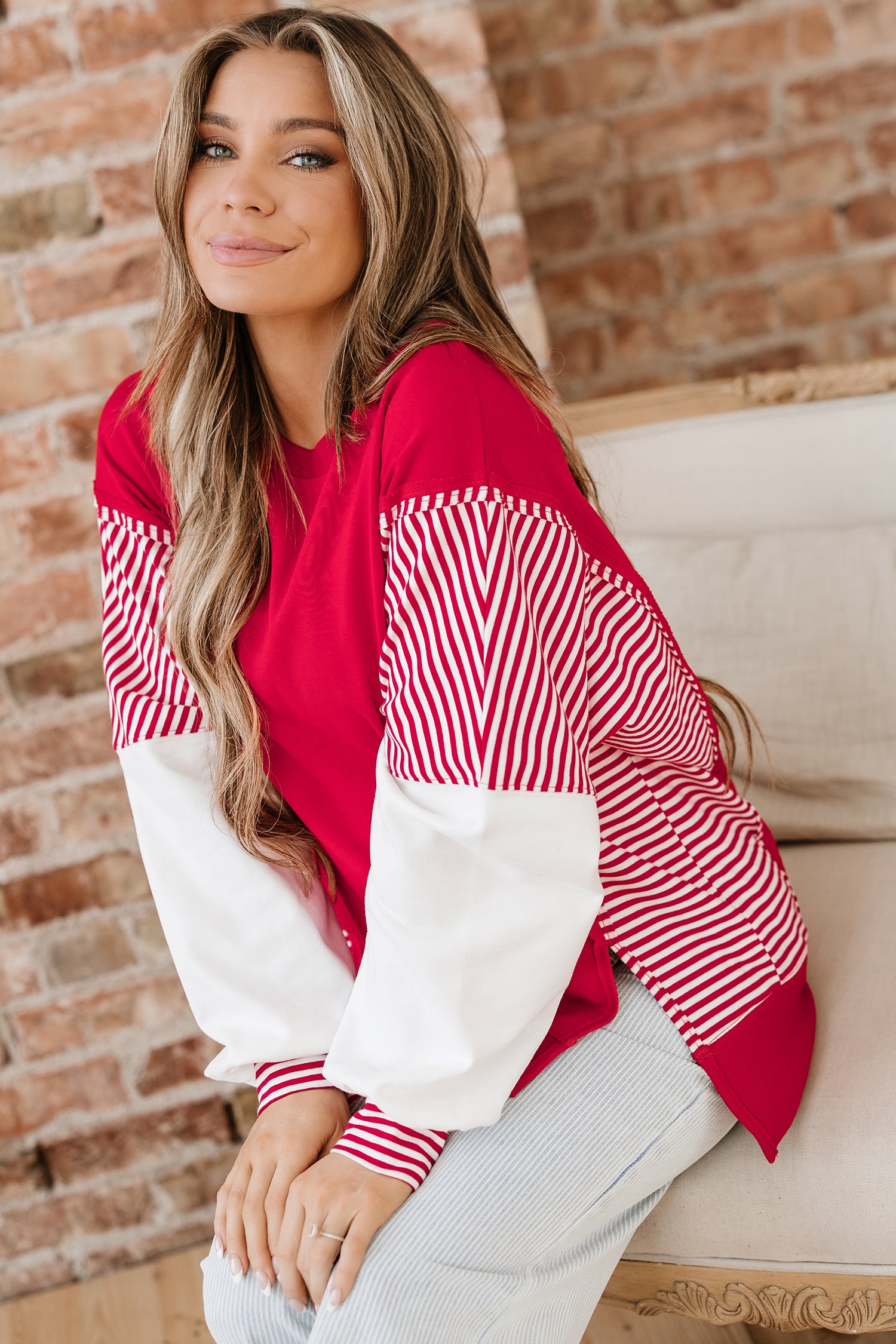 Fiery Red Striped Patchwork Sleeve Colorblock Sweatshirt-Tops/Sweatshirts & Hoodies-[Adult]-[Female]-2022 Online Blue Zone Planet