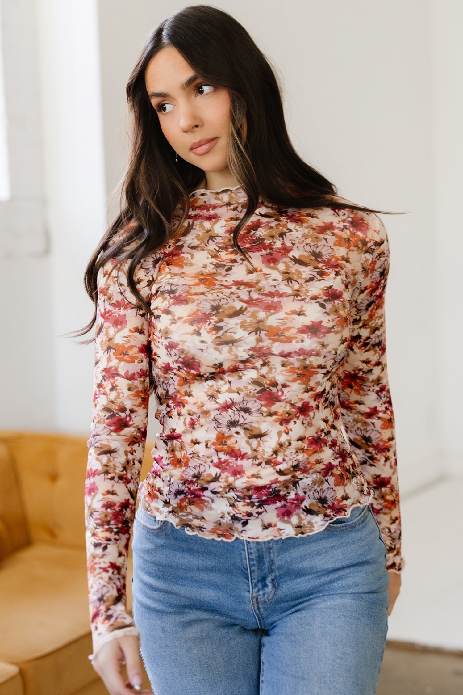 Red Lettuce Trim Floral Print Mesh Long Sleeve Top-Tops/Long Sleeve Tops-[Adult]-[Female]-2022 Online Blue Zone Planet