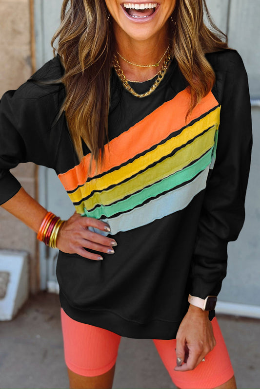 Black Rainbow Colorblock Striped Pullover Sweatshirt-Tops/Sweatshirts & Hoodies-[Adult]-[Female]-Black-S-2022 Online Blue Zone Planet