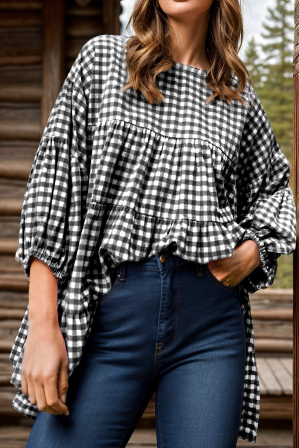 Tiered Plaid Round Neck Long Sleeve Blouse-TOPS / DRESSES-[Adult]-[Female]-Plaid-S-2022 Online Blue Zone Planet