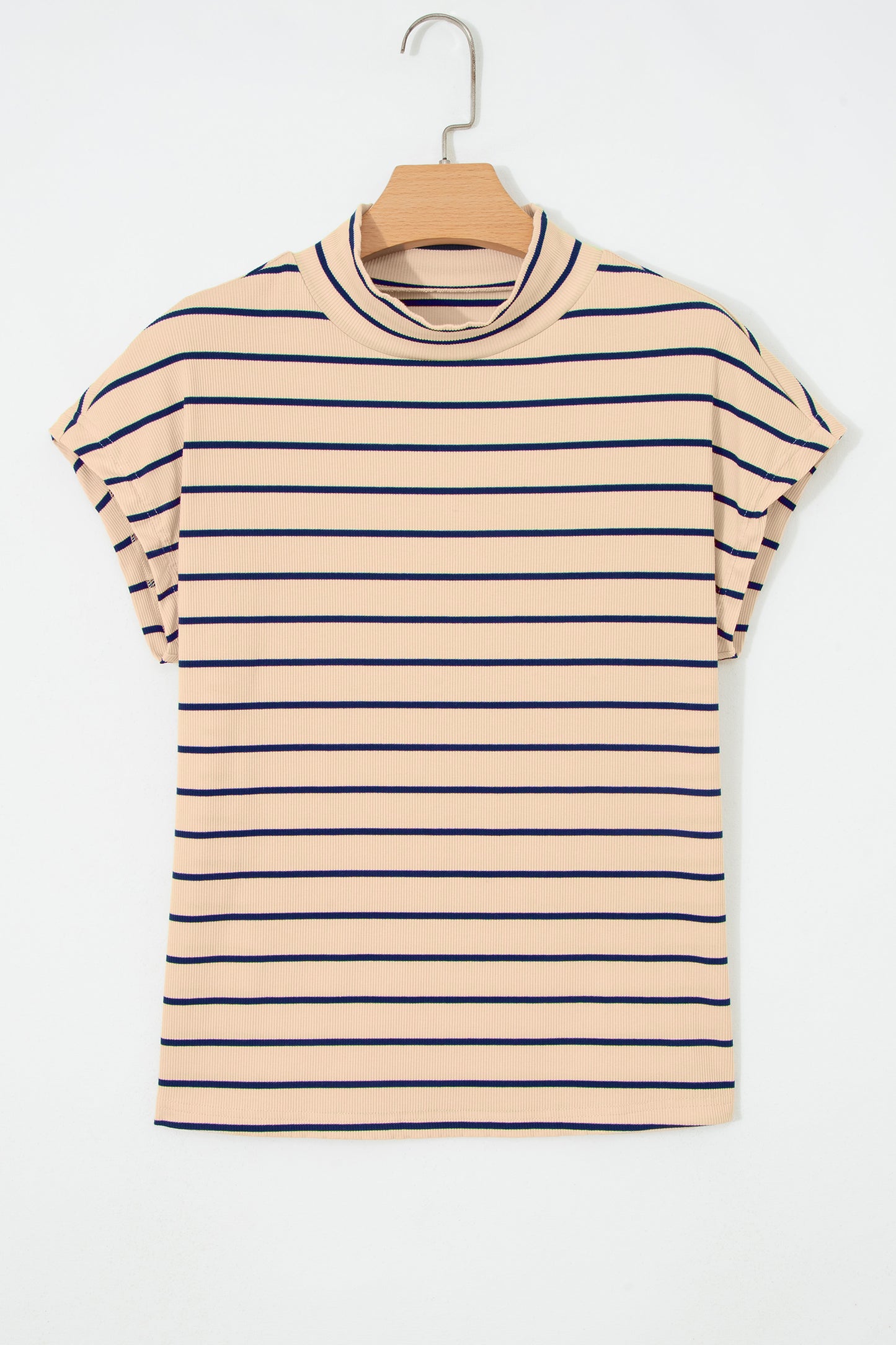 Khaki Stripe Mock Neck Short Sleeve Loose Top-Tops/Tops & Tees-[Adult]-[Female]-2022 Online Blue Zone Planet
