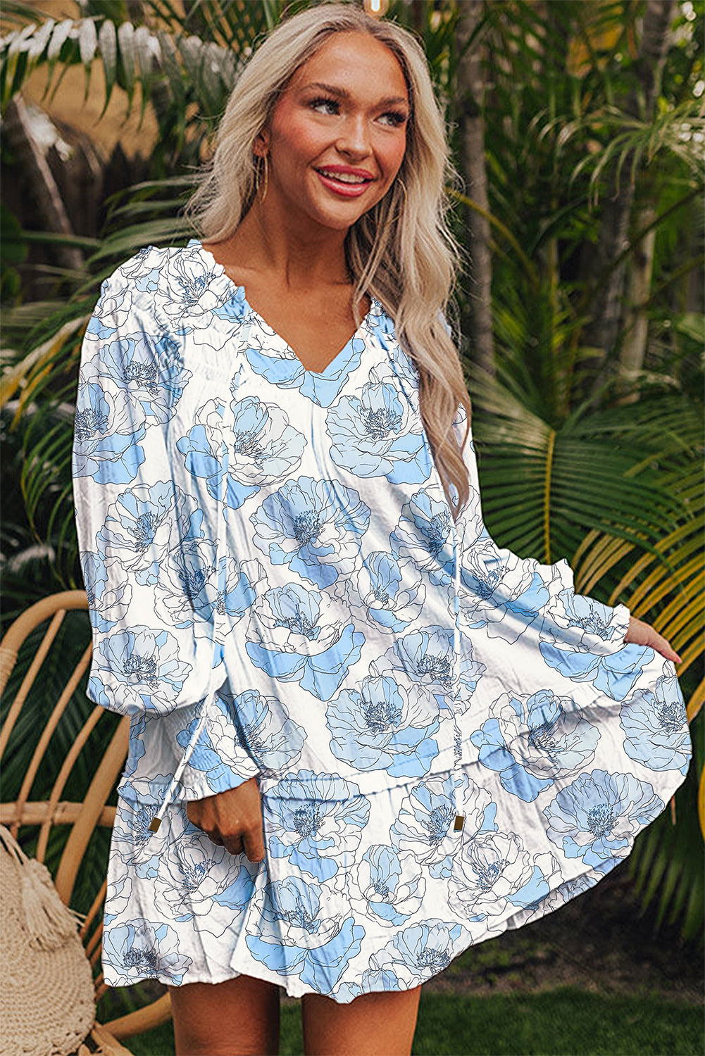 Sky Blue Floral Print Tie Neck Long Sleeve Flowy Mini Dress-TOPS / DRESSES-[Adult]-[Female]-2022 Online Blue Zone Planet
