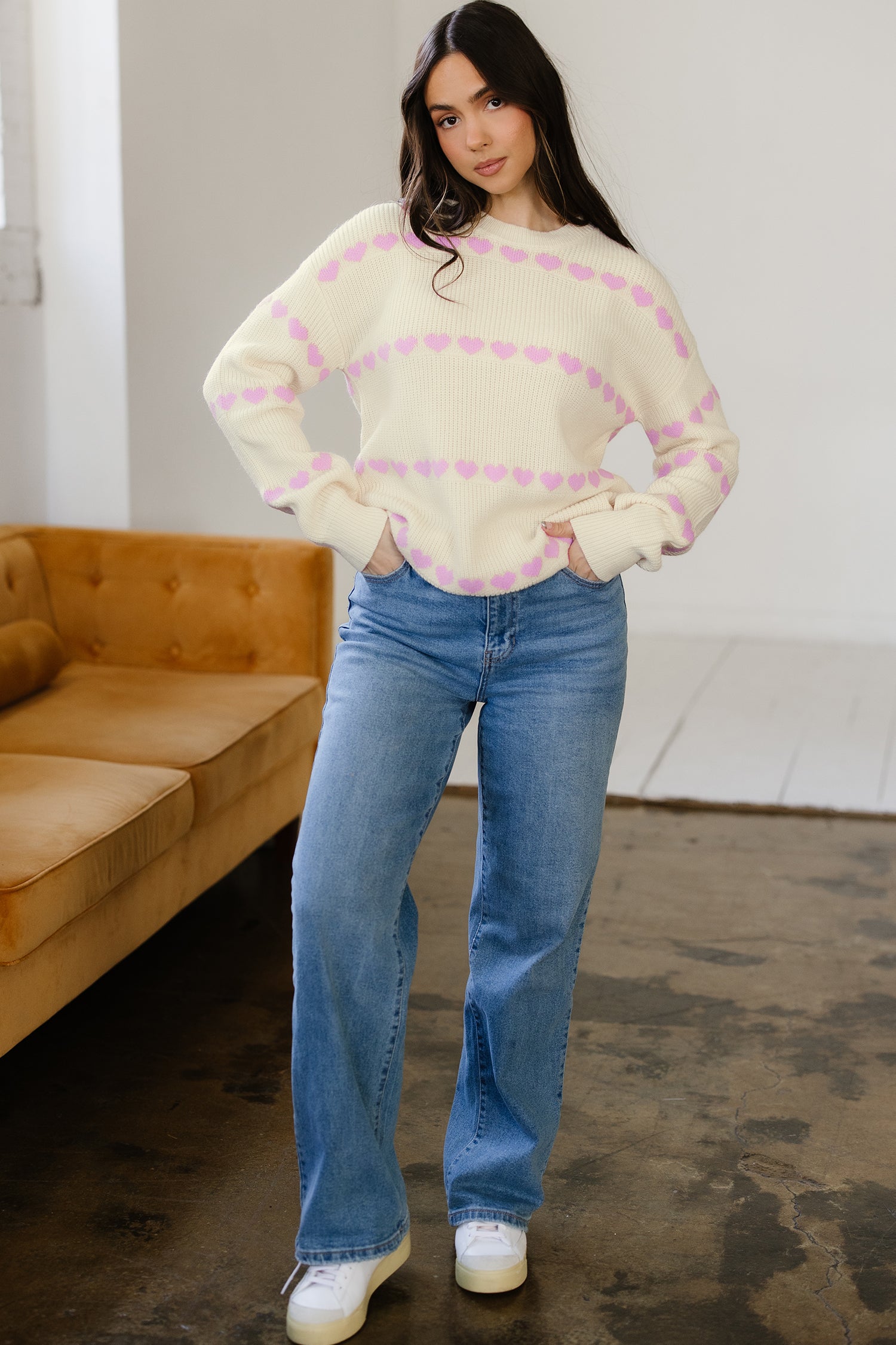 Pink Heart Pattern Valentine Ribbed Knit Sweater-TOPS / DRESSES-[Adult]-[Female]-2022 Online Blue Zone Planet