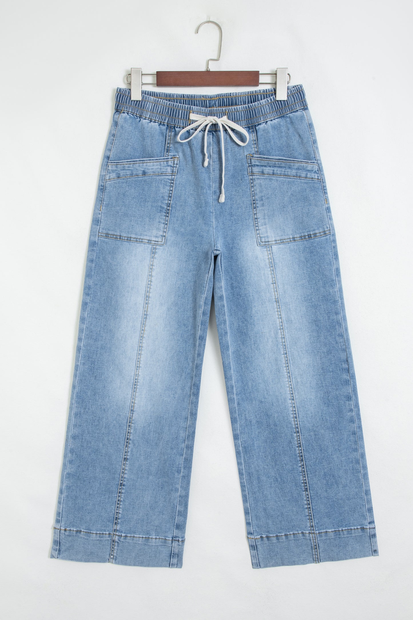 Beau Blue Drawstring Waist Wide Leg Ankle Length Jeans-Bottoms/Jeans-[Adult]-[Female]-2022 Online Blue Zone Planet