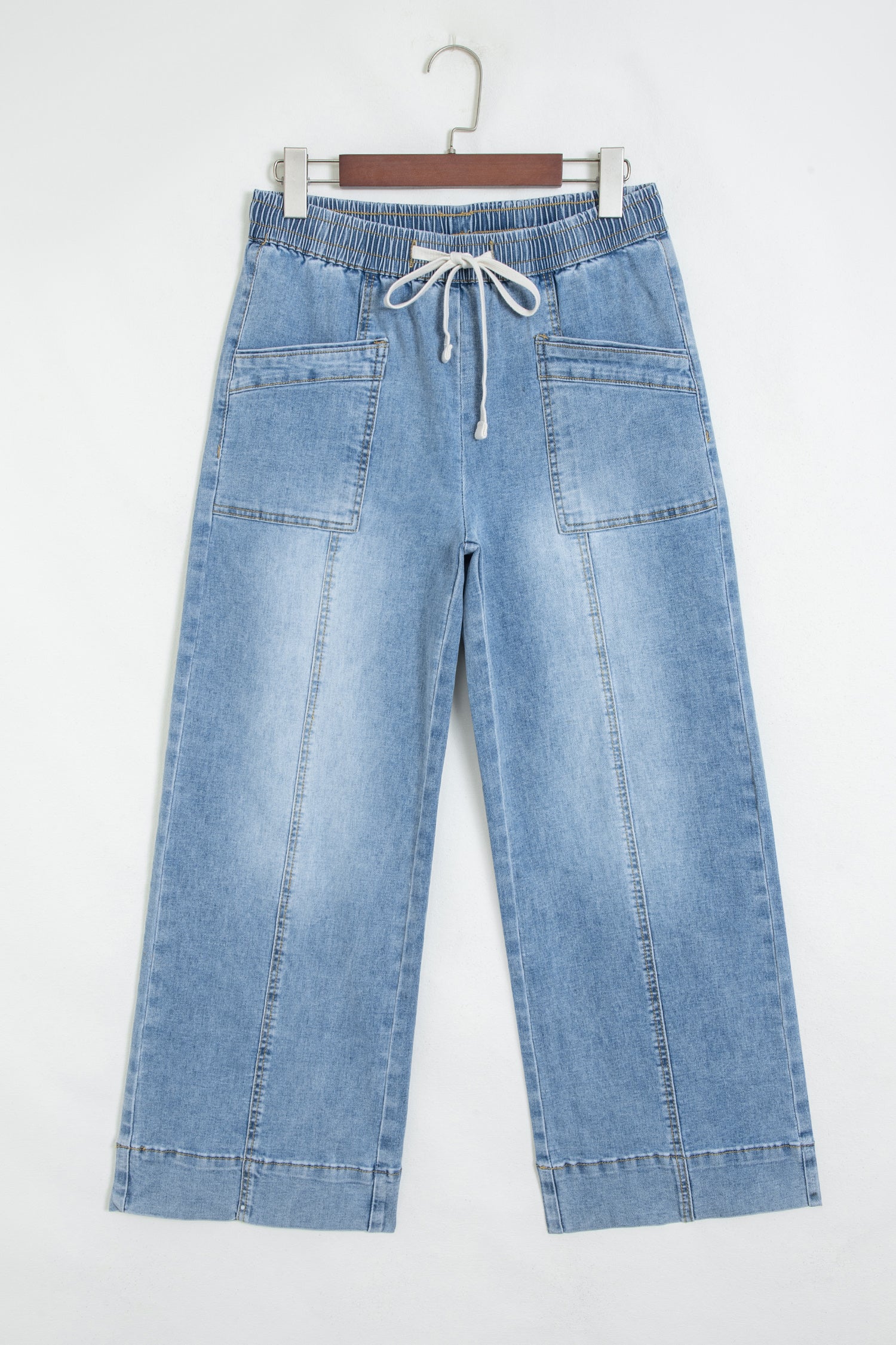 Beau Blue Drawstring Waist Wide Leg Ankle Length Jeans-Bottoms/Jeans-[Adult]-[Female]-2022 Online Blue Zone Planet