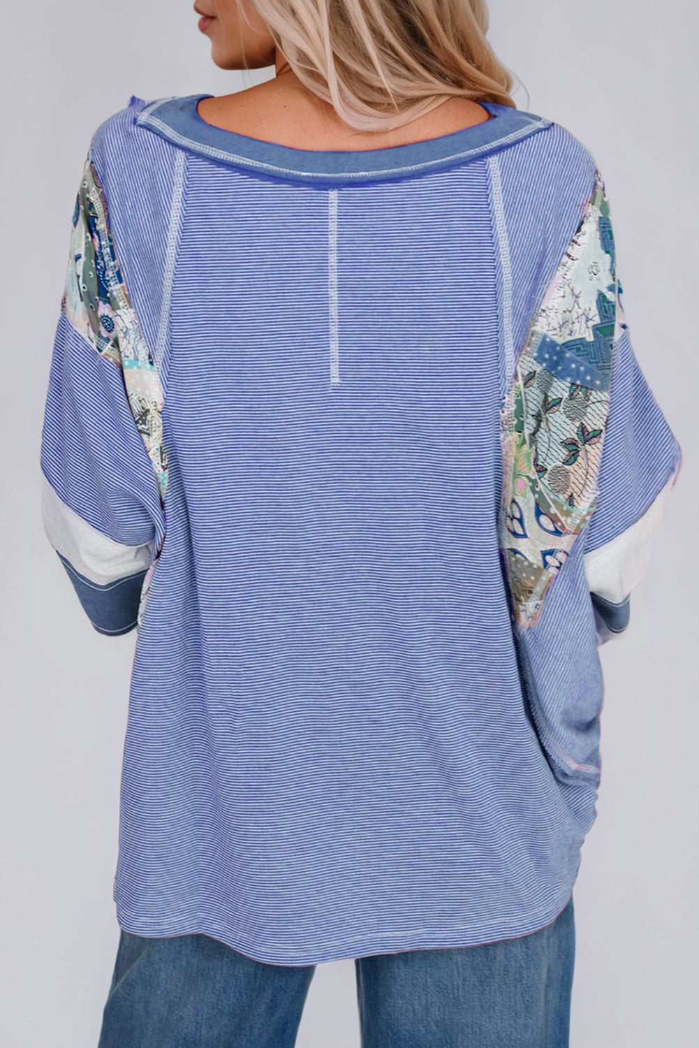 Striped Floral Patchwork Round Neck Top-TOPS / DRESSES-[Adult]-[Female]-2022 Online Blue Zone Planet