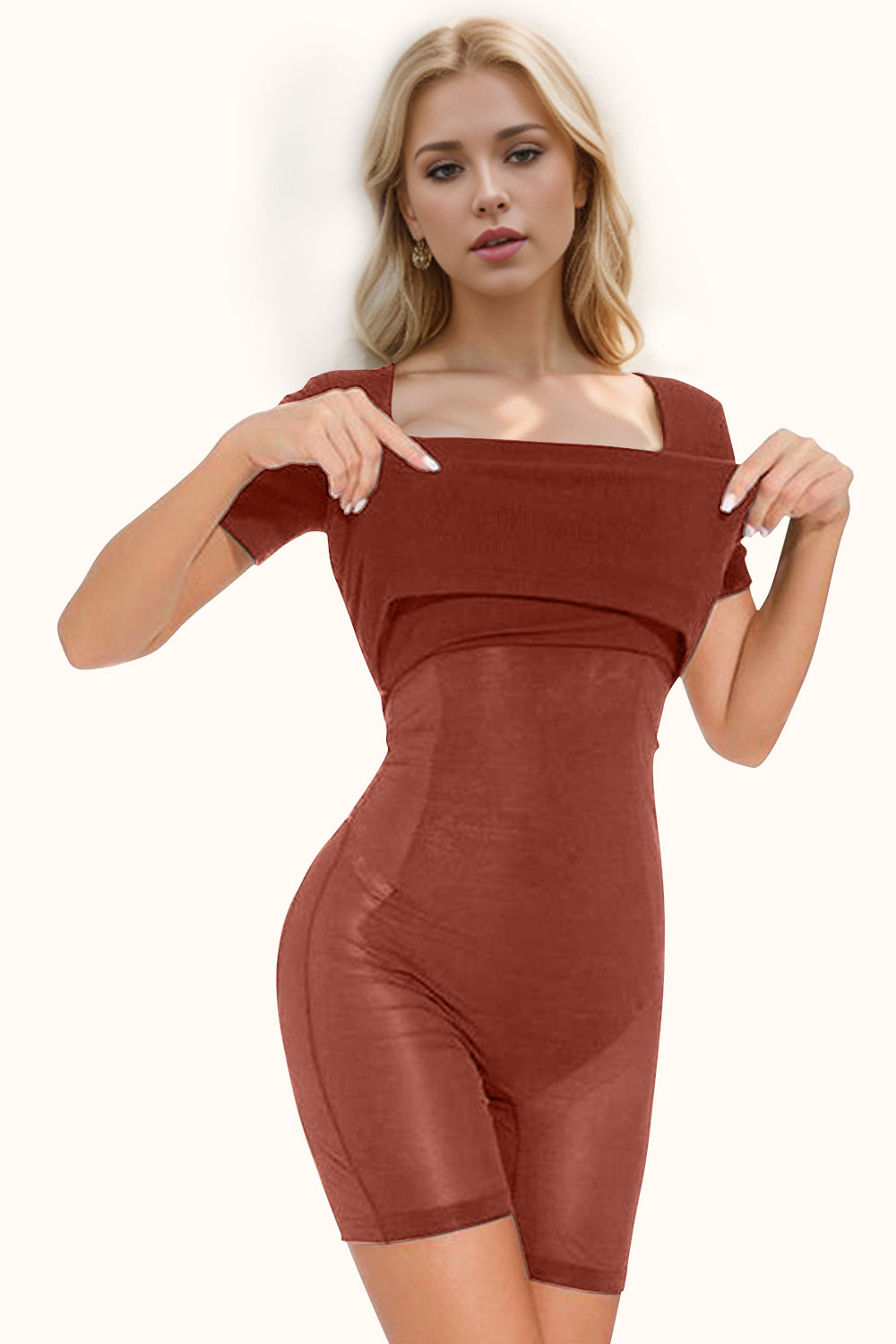 Basic Bae Full Size Built-In Shapewear Square Neck Short Sleeve Dress-TOPS / DRESSES-[Adult]-[Female]-2022 Online Blue Zone Planet