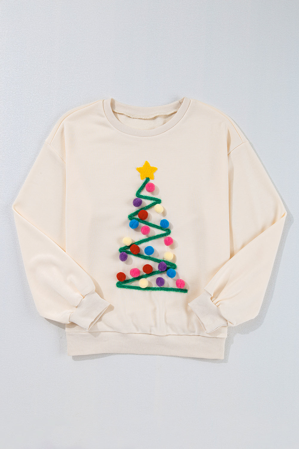 Blue Zone Planet | Beige Tinsel Christmas Tree Random Pompom Sweatershirt-Sweatshirts & Hoodies-[Adult]-[Female]-2022 Online Blue Zone Planet