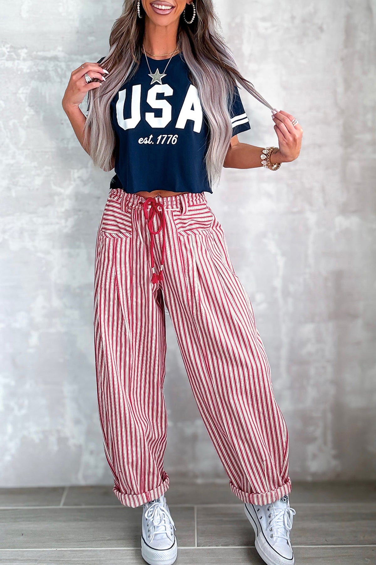 Red Stripe Drawstring Casual Loose Pants-Bottoms/Pants & Culotte-[Adult]-[Female]-2022 Online Blue Zone Planet