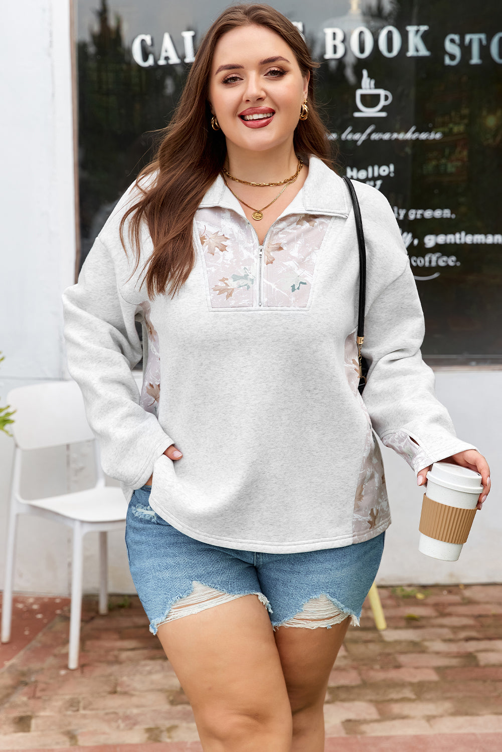 Gray Camo Leaves Patchwork Zipped Collar Pullover Plus Size Sweatshirt-Plus Size/Plus Size Sweatshirts & Hoodies-[Adult]-[Female]-2022 Online Blue Zone Planet