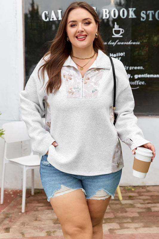 Gray Camo Leaves Patchwork Zipped Collar Pullover Plus Size Sweatshirt-Plus Size/Plus Size Sweatshirts & Hoodies-[Adult]-[Female]-2022 Online Blue Zone Planet