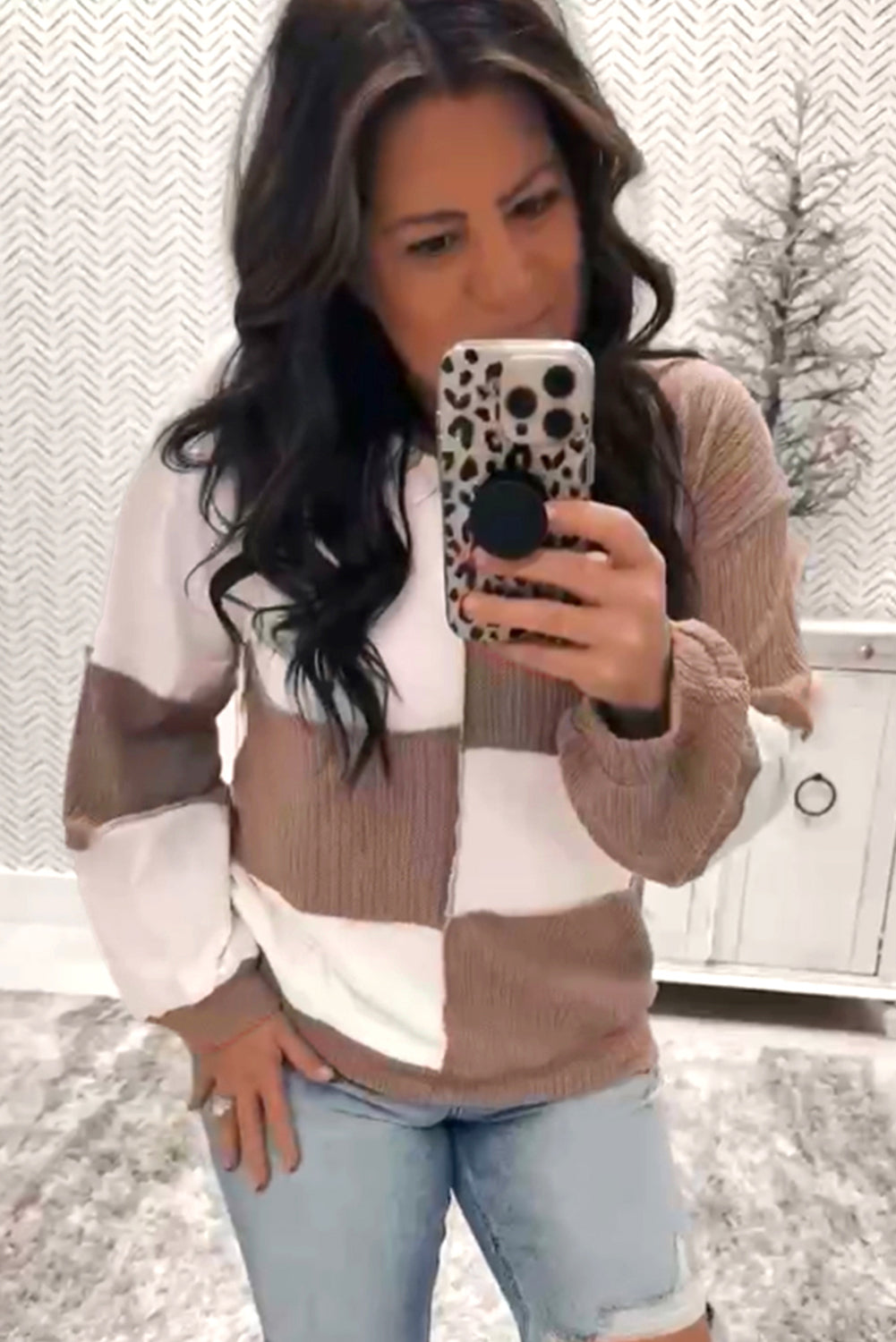 Dark Khaki Colorblock Checkered Raw Seamed Round Neck Knitted Jumper-Tops/Long Sleeve Tops-[Adult]-[Female]-2022 Online Blue Zone Planet