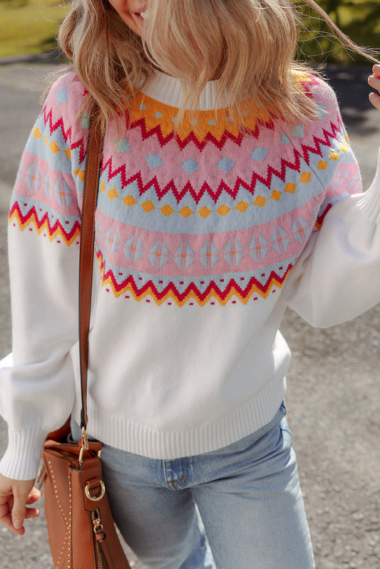 White Ethnic Geometric Colorblock Print Drop Shoulder Sweater-Sweaters & Cardigans/Sweaters-[Adult]-[Female]-2022 Online Blue Zone Planet