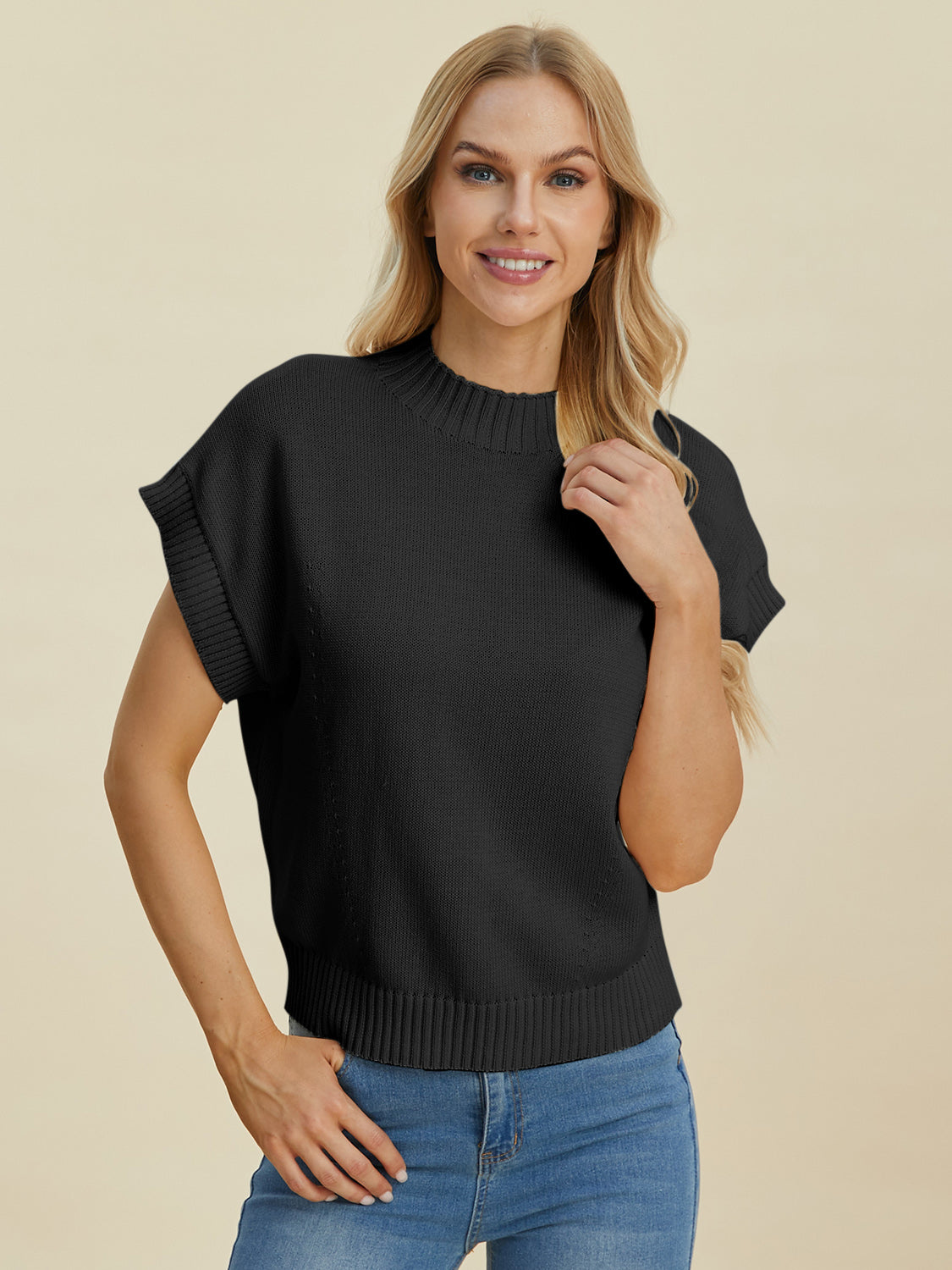 Double Take Full Size Mock Neck Short Sleeve Sweater-TOPS / DRESSES-[Adult]-[Female]-2022 Online Blue Zone Planet