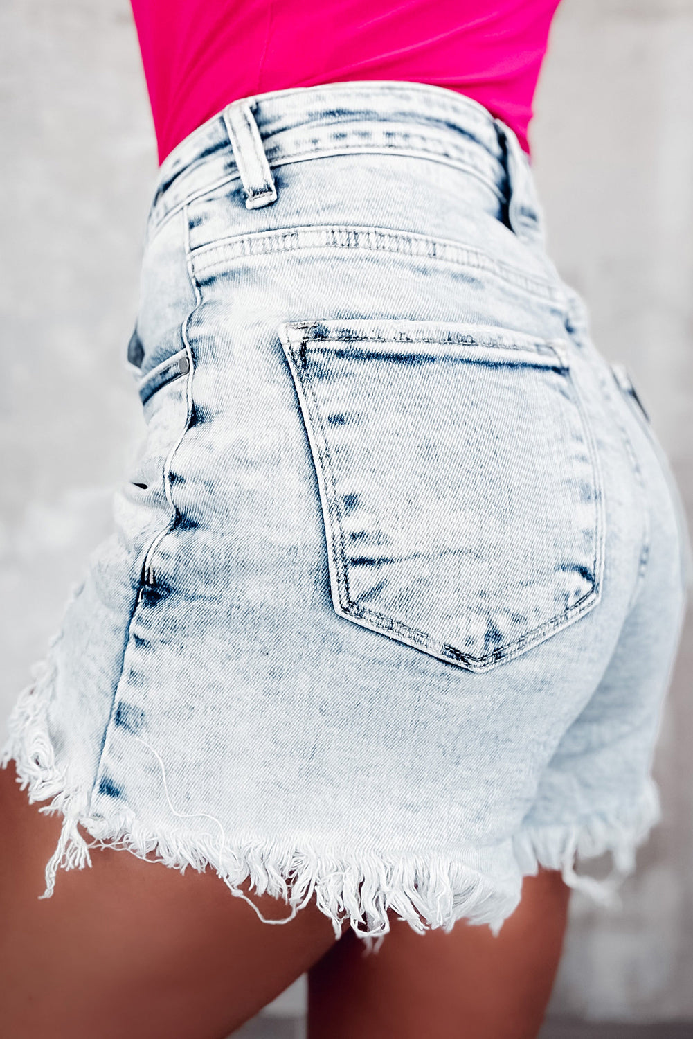 Light Blue Acid Wash Crossed Raw Edge Denim Shorts-Bottoms/Denim Shorts-[Adult]-[Female]-2022 Online Blue Zone Planet
