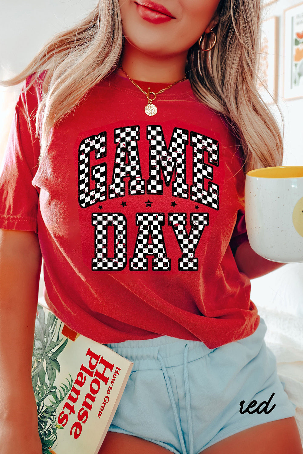 Red Checkered Game Day Graphic T Shirt-Graphic/Graphic Tees-[Adult]-[Female]-Red-2-S-2022 Online Blue Zone Planet