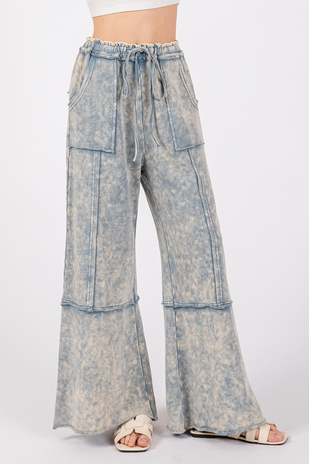 Blue Zone Planet | SAGE + FIG Mineral Washed Terry Wide Leg Pants-TOPS / DRESSES-[Adult]-[Female]-Slate Blue-S-2022 Online Blue Zone Planet