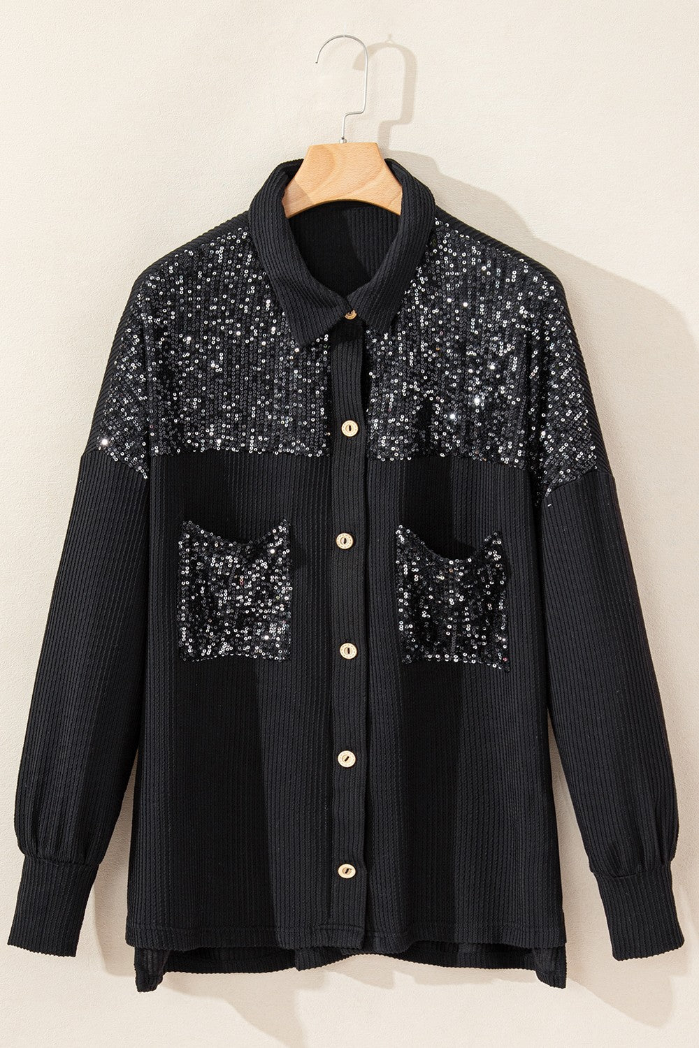 Blue Zone Planet | Sequin Button Up Dropped Shoulder Jacket-TOPS / DRESSES-[Adult]-[Female]-Black-L-2022 Online Blue Zone Planet