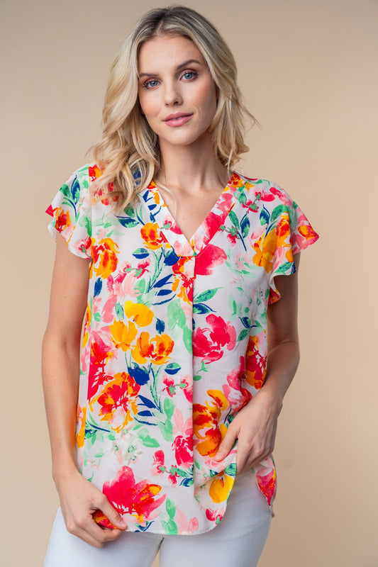 Blue Zone Planet | White Birch Full Size Short Sleeve Floral Woven Top-TOPS / DRESSES-[Adult]-[Female]-White Multi-S-2022 Online Blue Zone Planet