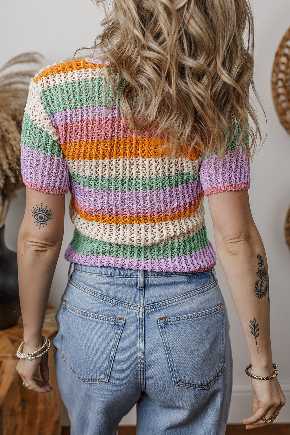 Orange Colorblock Striped Pointelle Knit V Neck Buttoned Crop Short Sleeve Sweater-Sweaters & Cardigans/Short Sleeve Sweaters-[Adult]-[Female]-2022 Online Blue Zone Planet