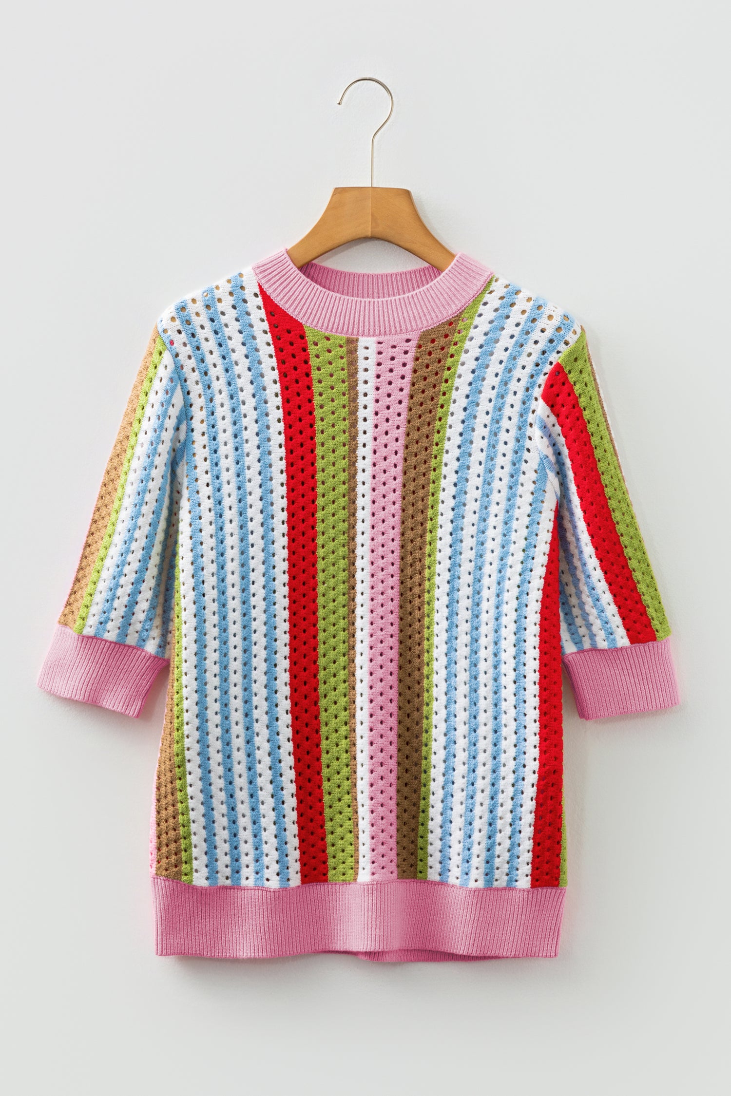 Multicolour Striped Pointelle Knit Short Sleeve Sweater-TOPS / DRESSES-[Adult]-[Female]-2022 Online Blue Zone Planet
