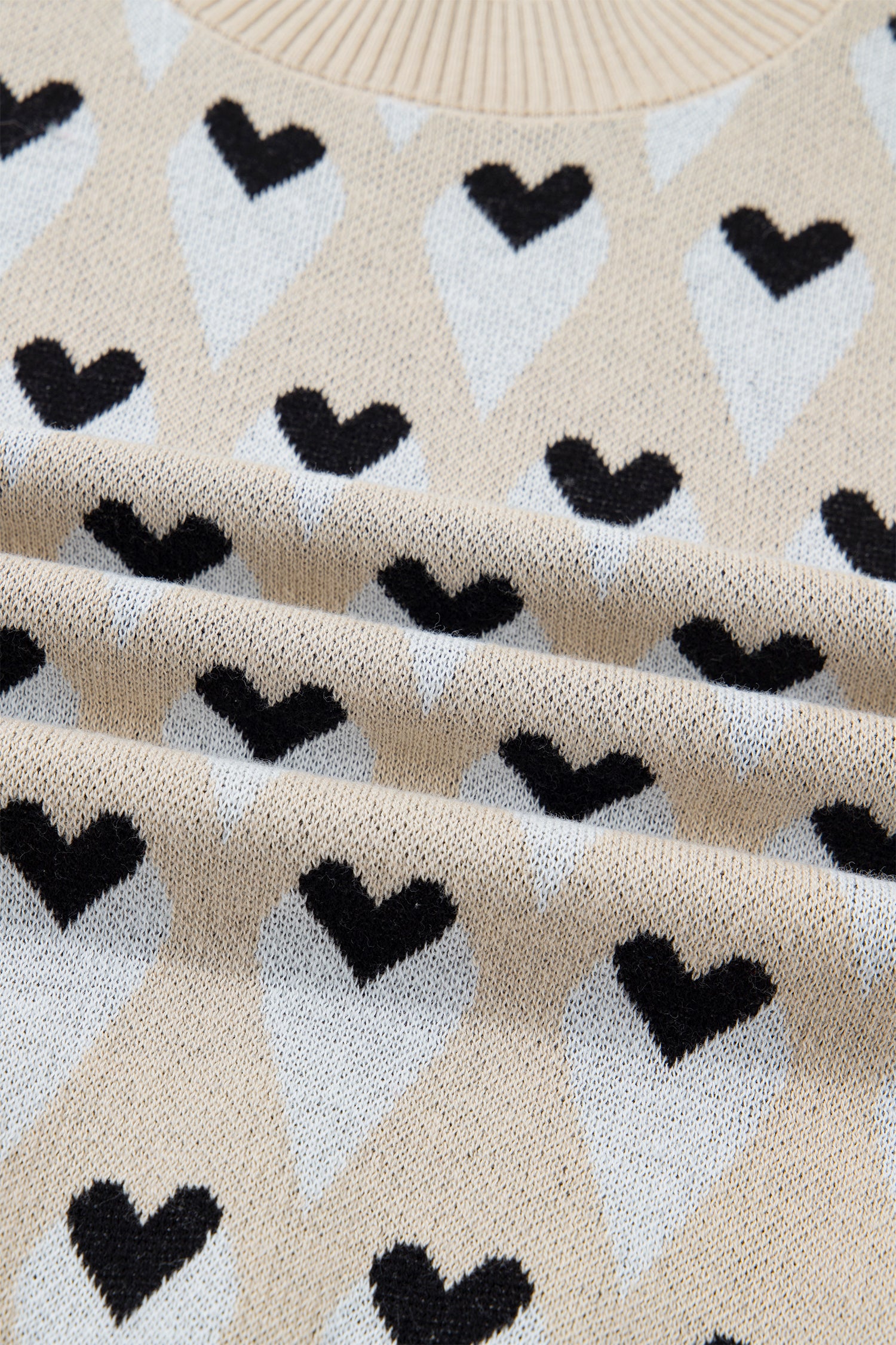 Parchment Geometric Heart Print Ribbed Trim Loose Sweater-TOPS / DRESSES-[Adult]-[Female]-2022 Online Blue Zone Planet