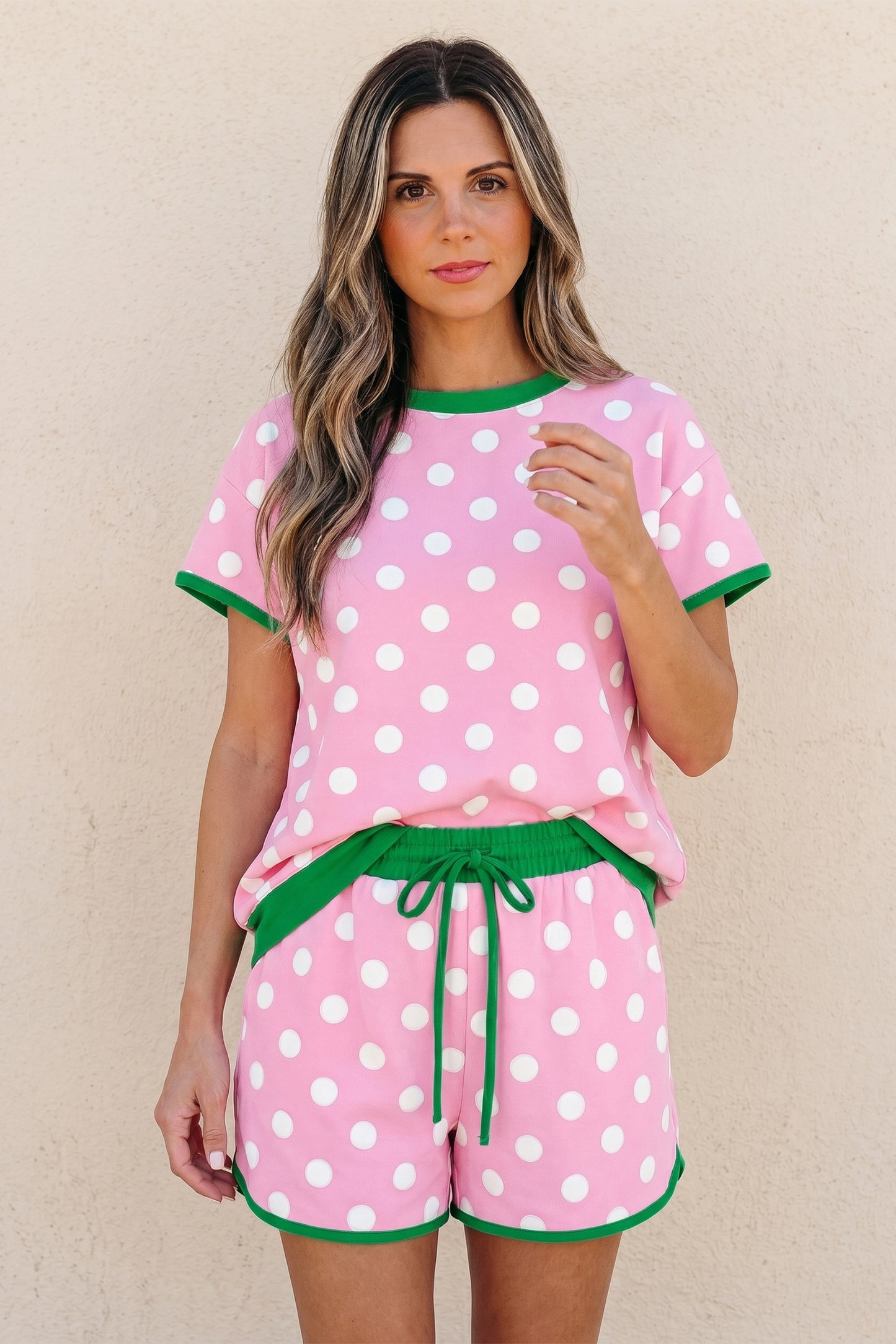 Pink Polka Dot Contrast Edge Casual Short Set-Two Piece Sets/Short Sets-[Adult]-[Female]-2022 Online Blue Zone Planet