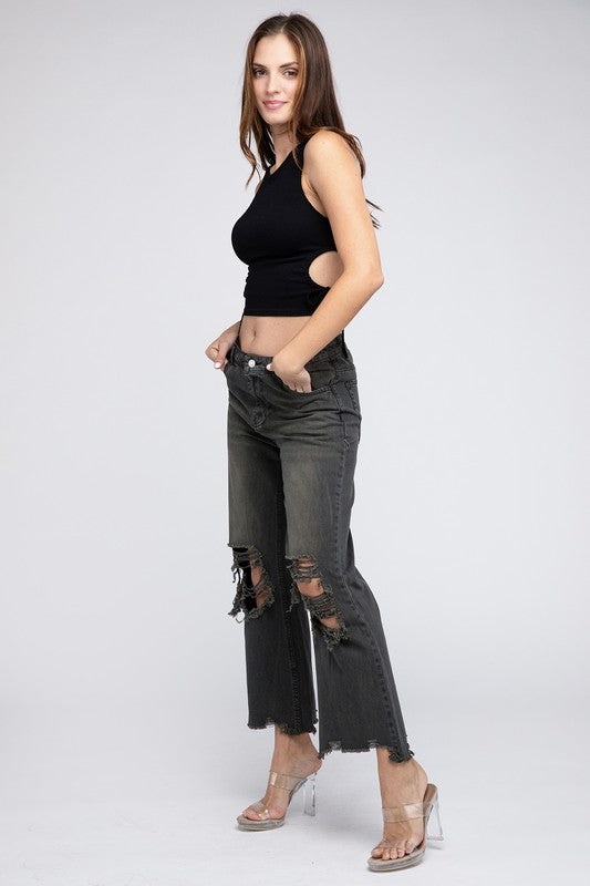 Distressed Vintage Washed Wide Leg Pants-[Adult]-[Female]-2022 Online Blue Zone Planet